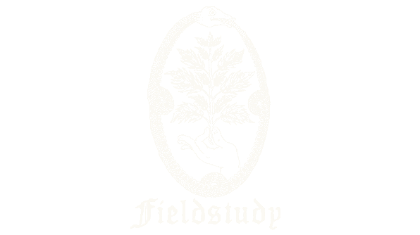A black and white logo with a hand holding a tree enclosed by a snake, with the word 'Fieldstudy' below.