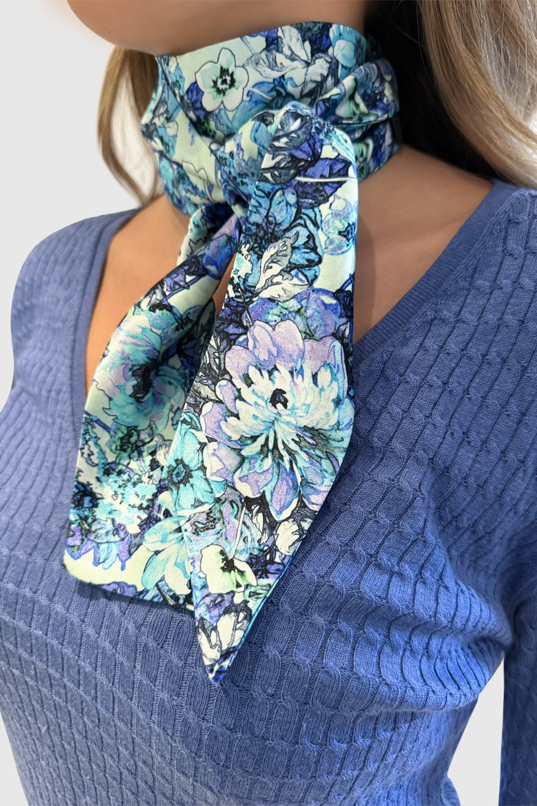 Blue Floral Silk Twilly worn as neck scarf