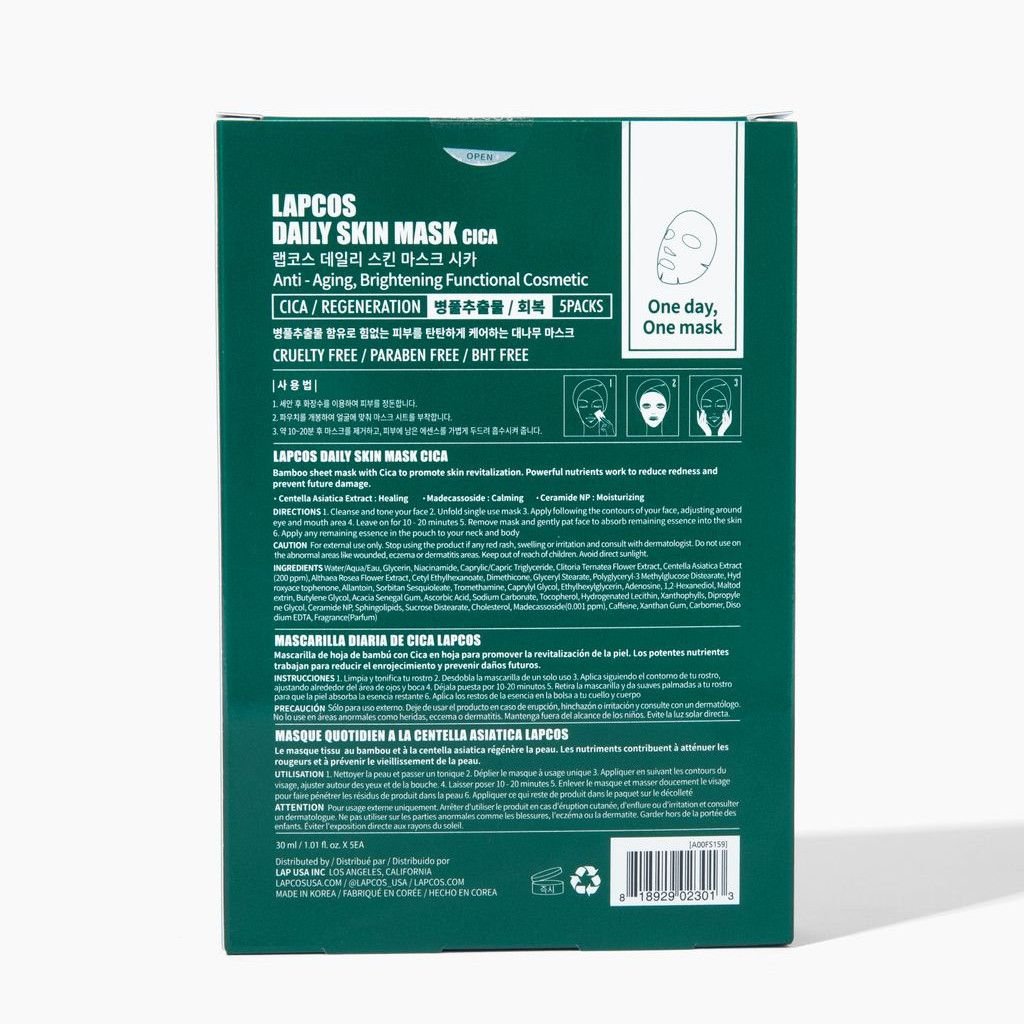 LAPCOS Cica Face Mask packaging with key ingredients: Centella Asiatica, Madecassoside, and Niacinamide