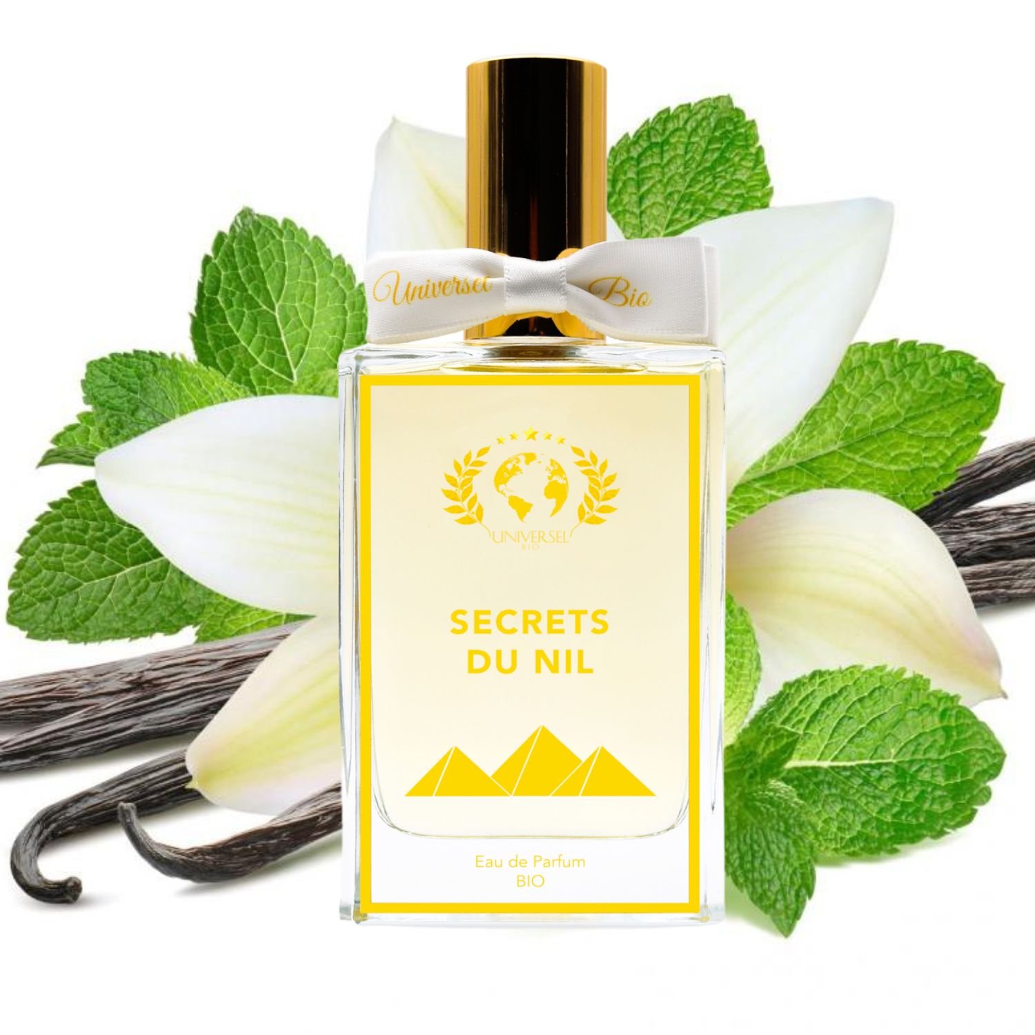 Bottle of Secrets du Nil – Natural eau de parfum with a sensual trio of amber, vanilla, and tonka bean, crafted for conscious fragrance lovers