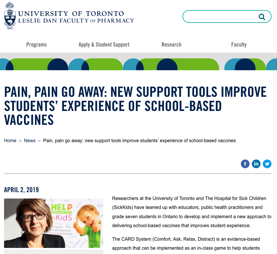 Pain, pain go away: new support tools improve students' experience of school-based vaccines