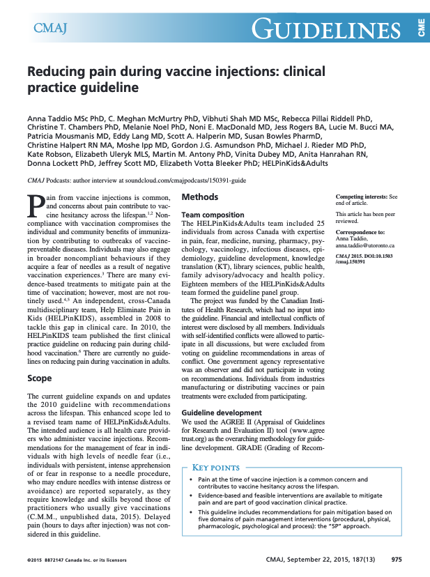 Reducing pain during vaccination injections: clinical practice guideline