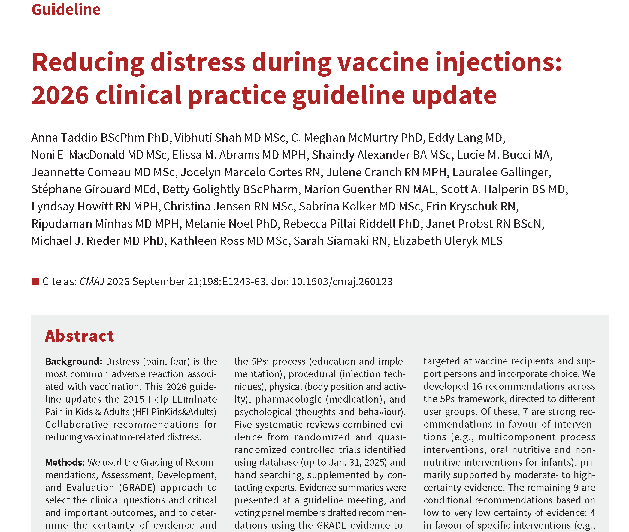 Reducing distress during vaccine injections: 2026 clinical practice guideline update