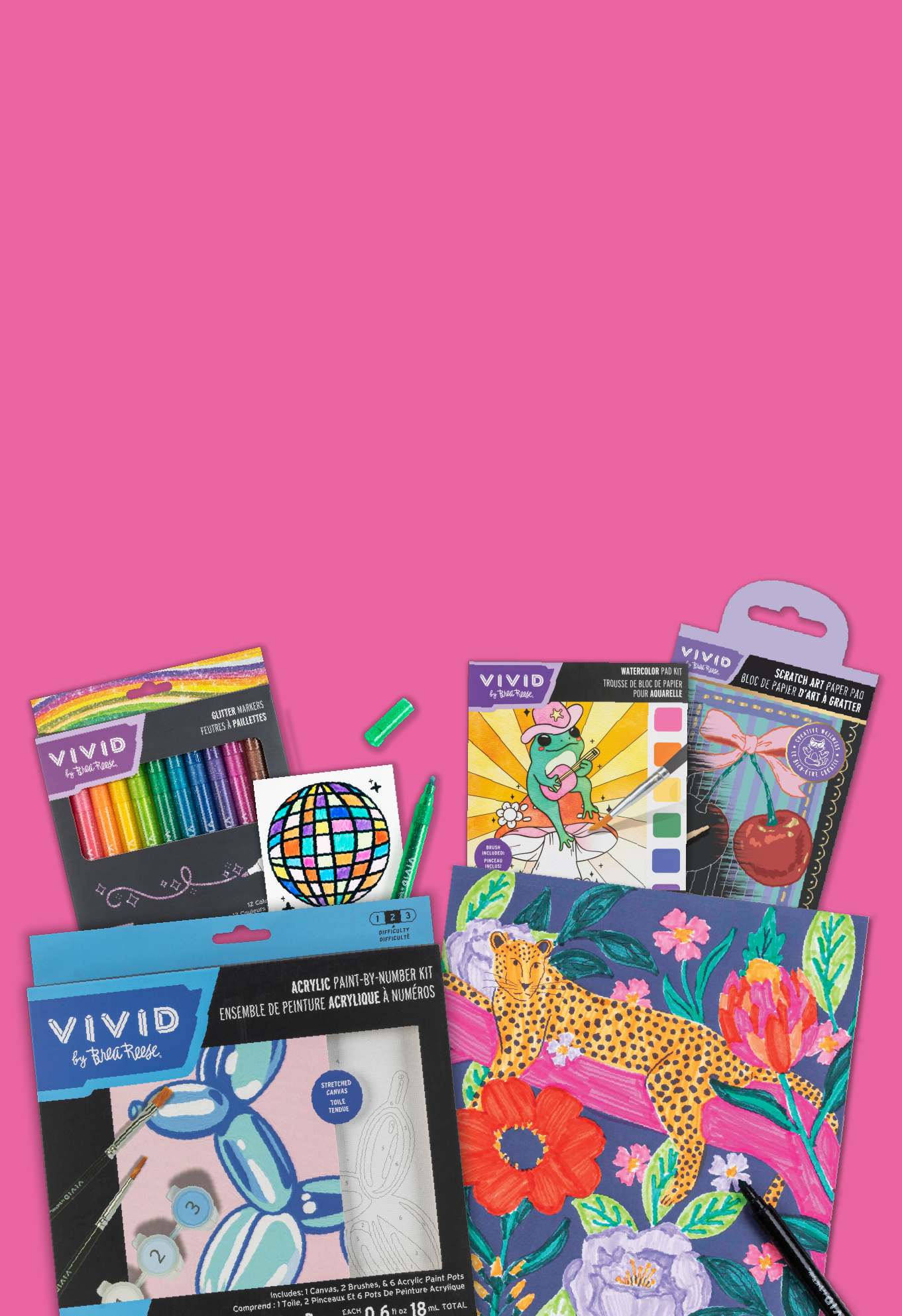 Collection of art supplies including colorful markers, paint-by-number kit featuring a leopard and floral design, watercolor palette, and greeting cards with artistic images on a pink background.