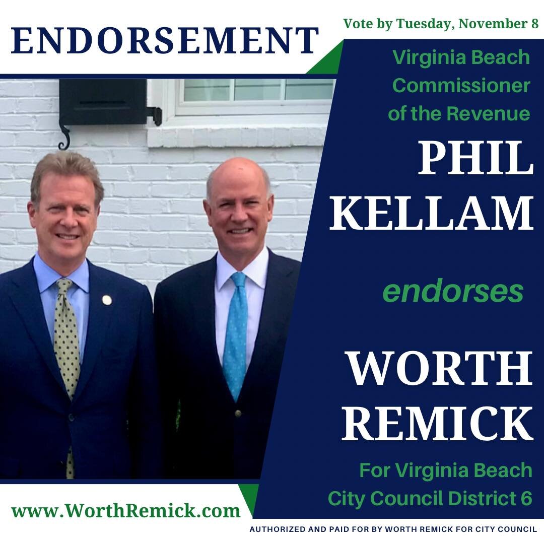 ENDORSEMENT ALERT: It&rsquo;s an honor to have Phil Kellam&rsquo;s support and endorsement. He is fair, level-headed and always has the best interests of our city in mind as a public servant. 
To learn more visit WorthRemick.com.
#worthremick #vbcity