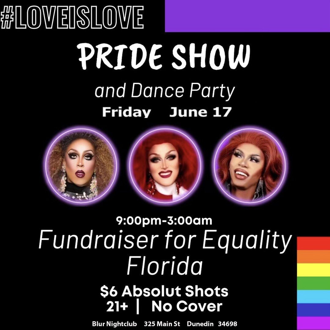 Blur Nightclub tonight! Let&rsquo;s bring the peeps! Pop store on patio! Pride show! Absolut shots !
 #pride #prideweek #pridemonth #Love #dragqueen #dragqueensofinstagram 
#drag 
@blurdunedin 
@tdbank_us 
@cityofdunedin 
@dunedinchamber 
@amggroupmu
