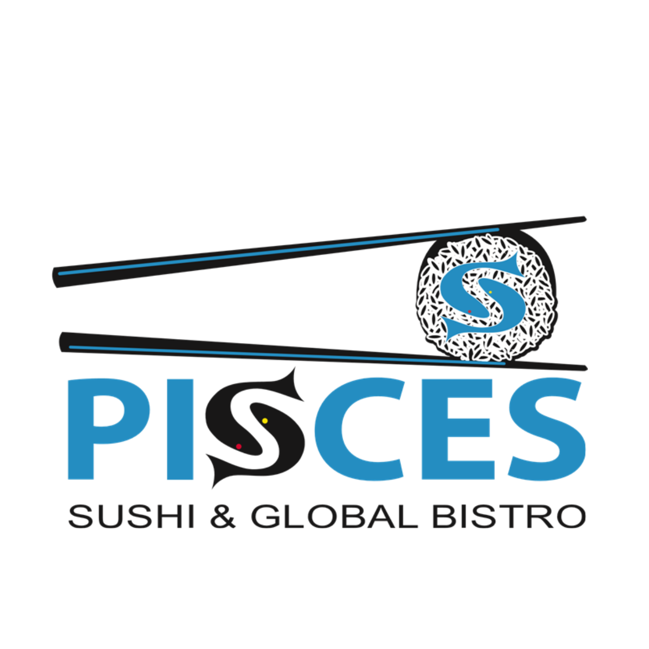 Logo for PISCES Sushi & Global Bistro with chopsticks holding a sushi roll and a stylized fish forming the letter S in the word PISCES.