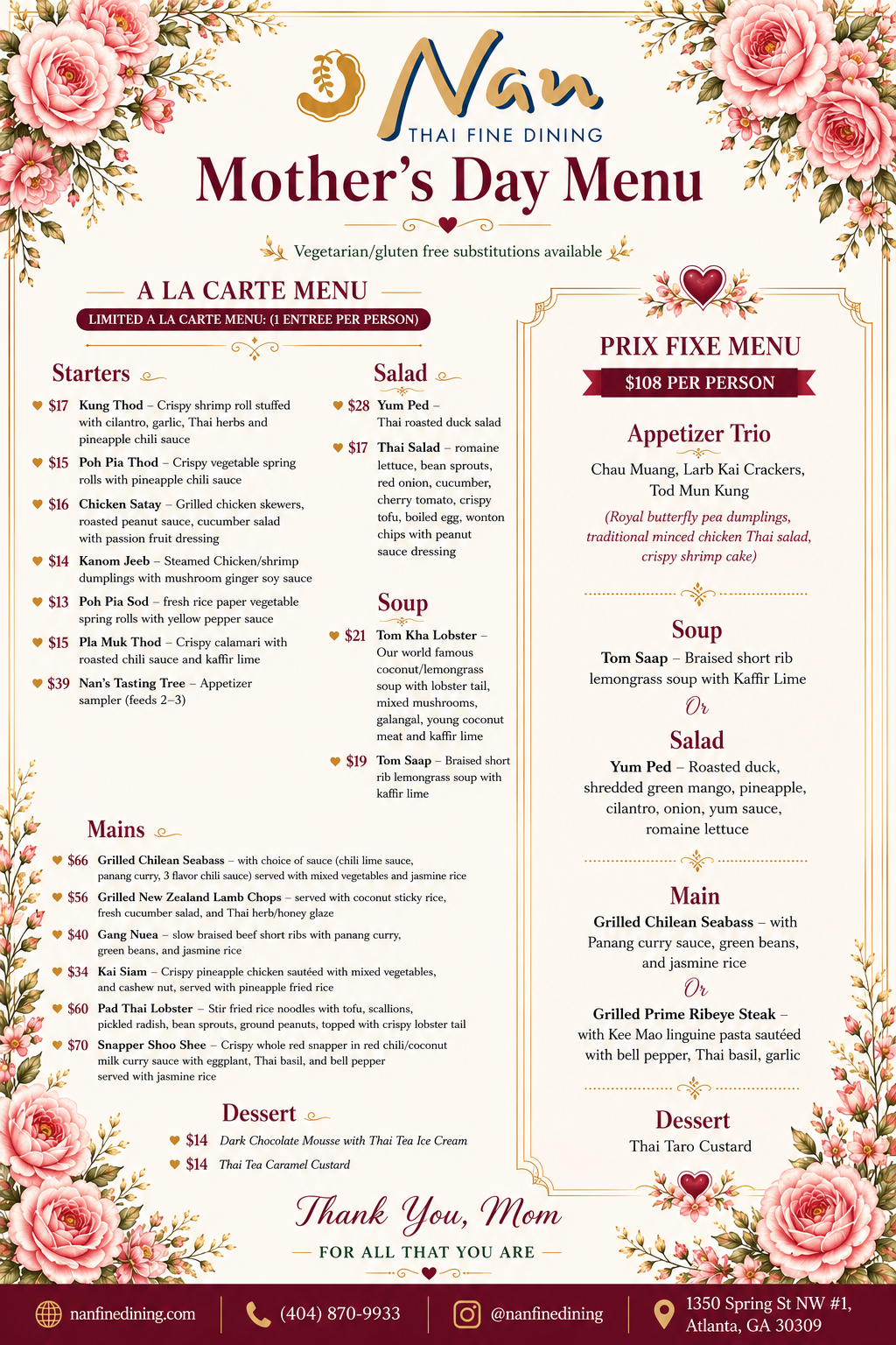 Nan Fine Dining Mother's Day Menu Mobile