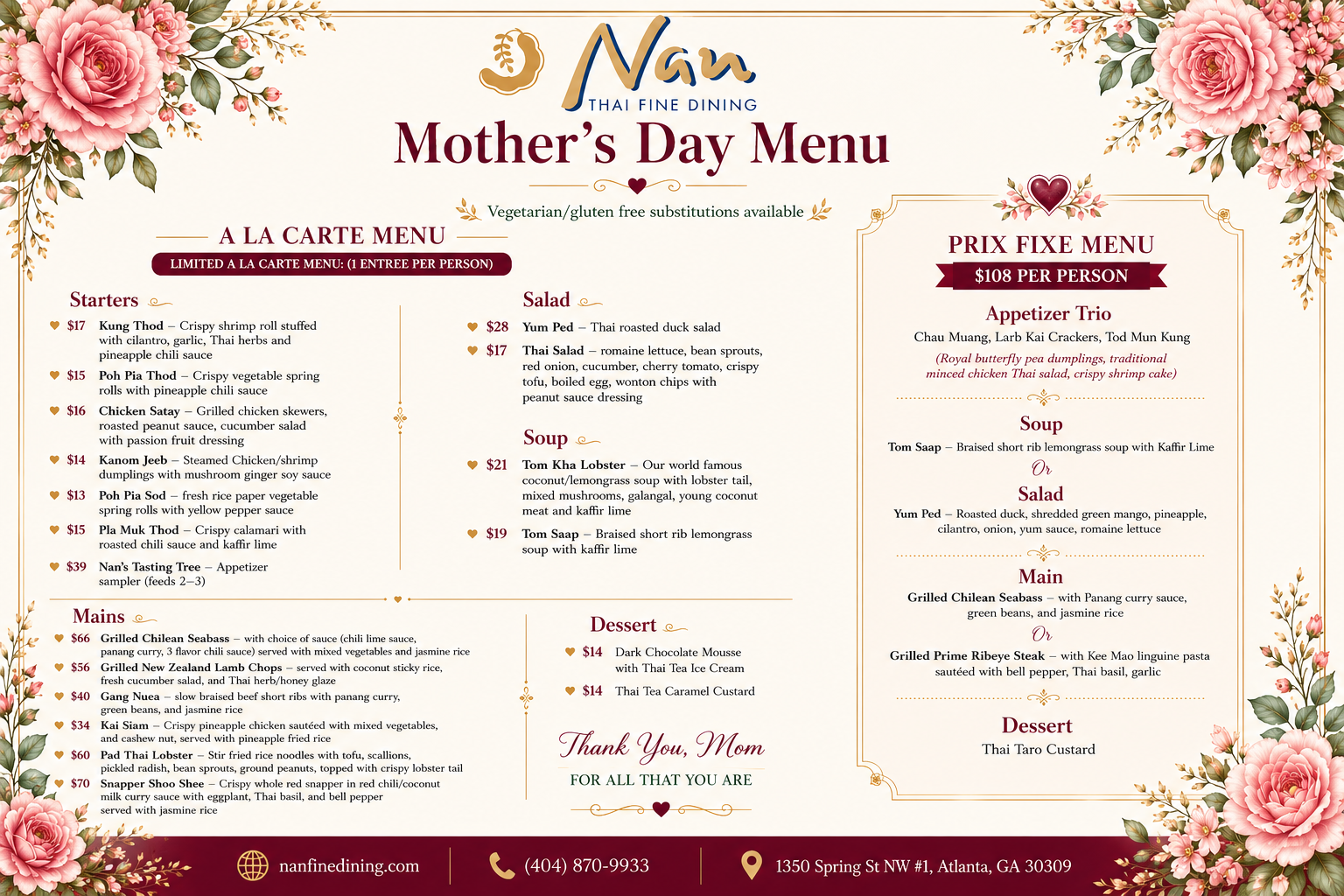 Nan Fine Dining Mother's Day Menu