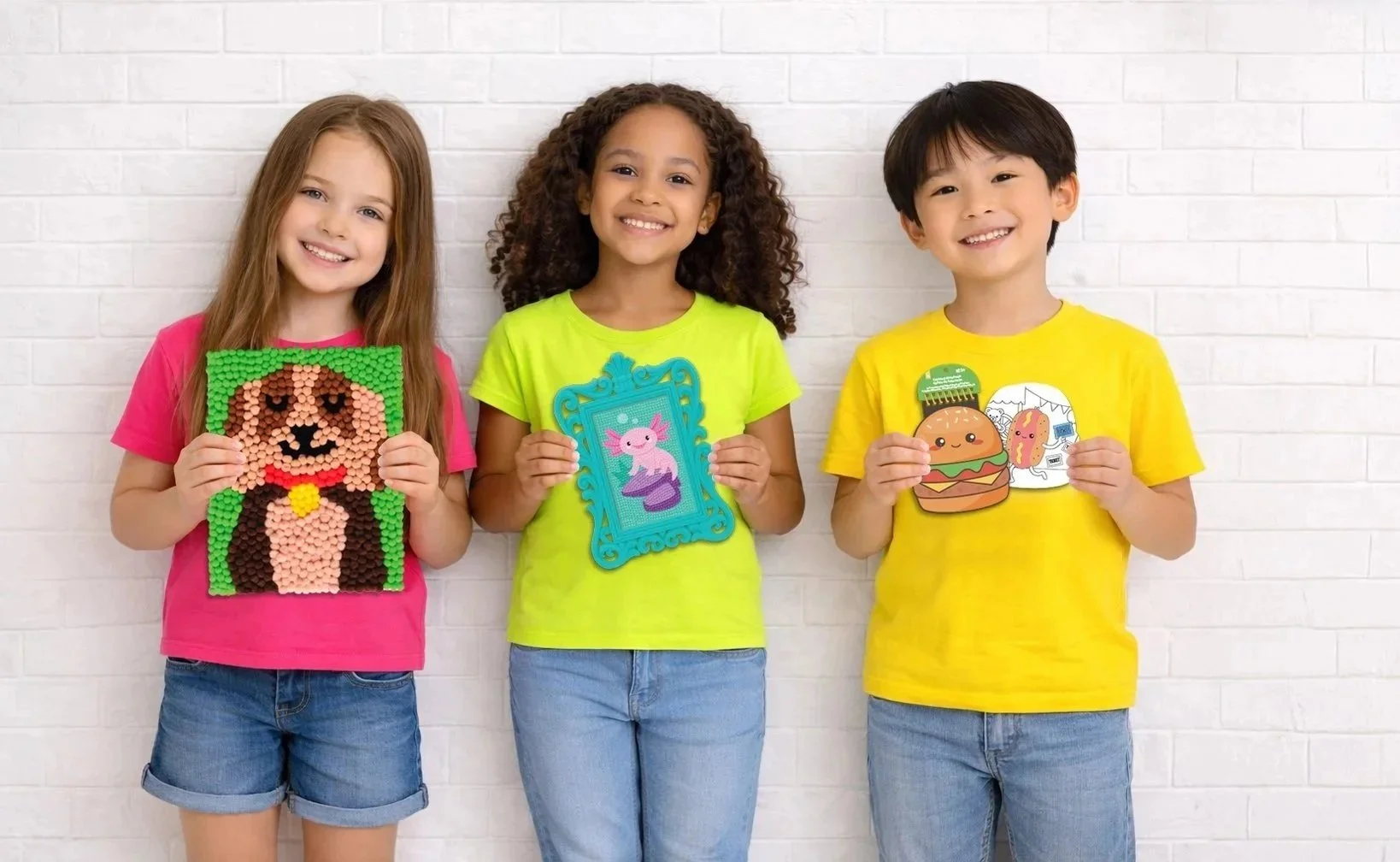 Three kids standing against a white brick wall, holding colorful artwork. The girl on the left wears a pink shirt and denim shorts, holding a bead art picture of a dog. The girl in the middle wears a yellow shirt and blue jeans, holding a framed bead art picture of a unicorn. The boy on the right wears a yellow shirt and blue jeans, holding cut-out pictures of a burger, hot dog, and fries.