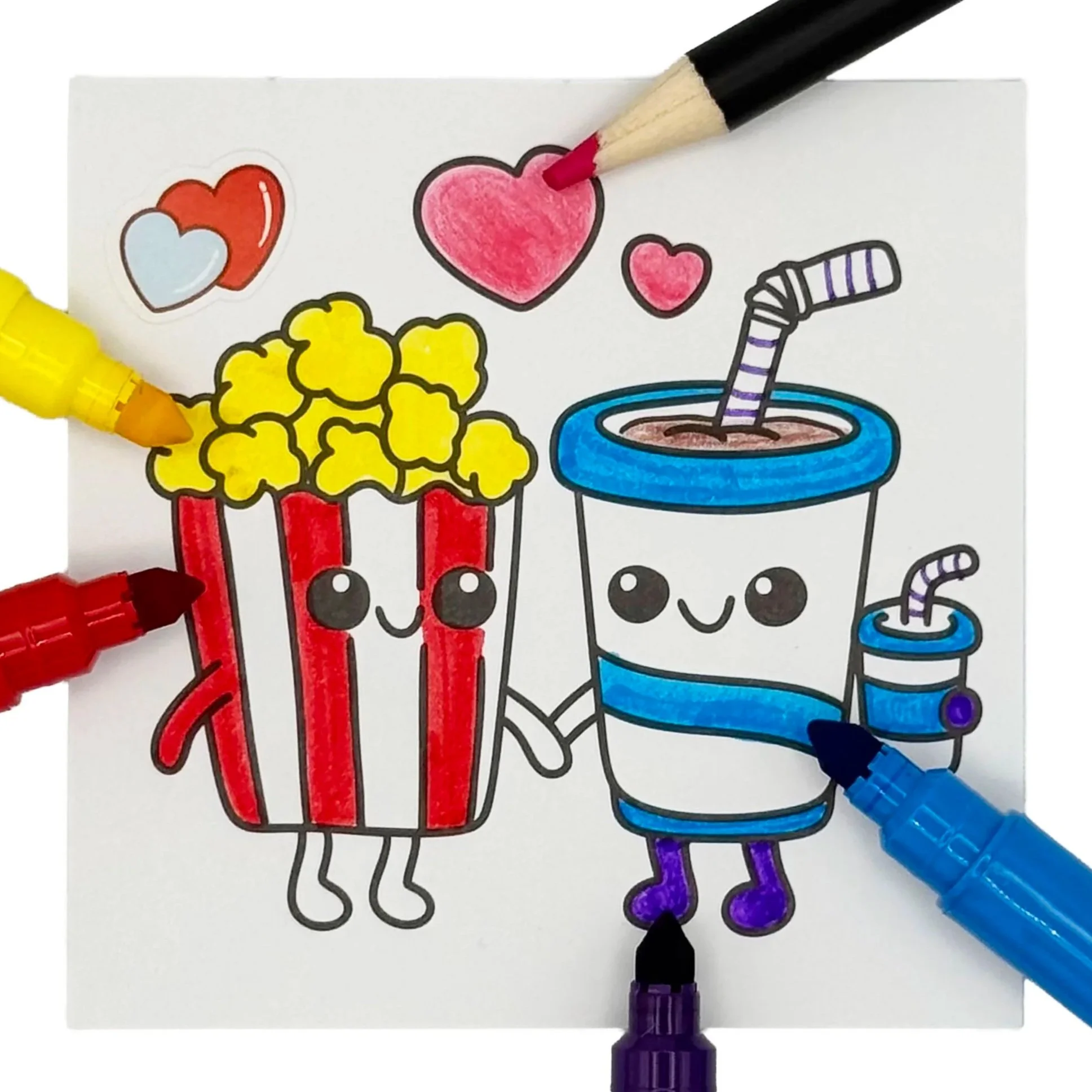 Coloring page of adorable cartoon popcorn and soda cups holding hands, with smiling faces and hearts around them, being colored with markers.