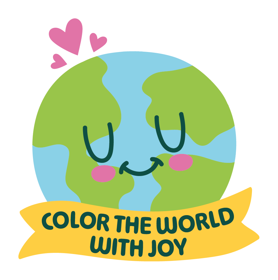 A cartoon illustration of Earth with a happy face, pink blushing cheeks, closed eyes, and a smiling mouth, featuring pink hearts above its head. A yellow banner below reads "Color the World with Joy."