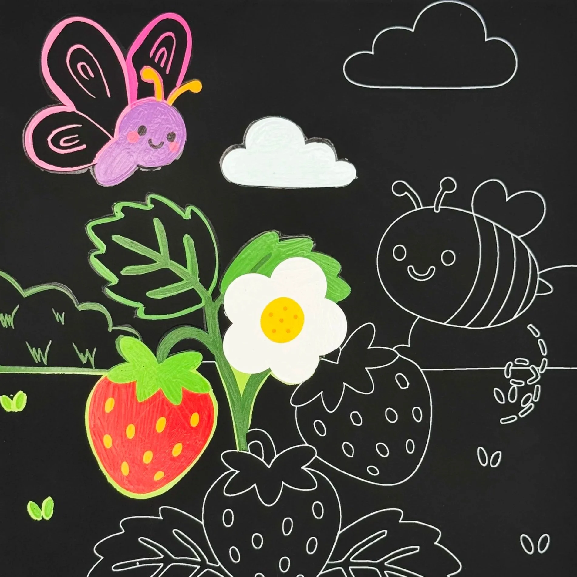 Colorful chalk drawing of a butterfly, a bee, strawberries, a daisy flower, clouds, and small butterflies on a black background.