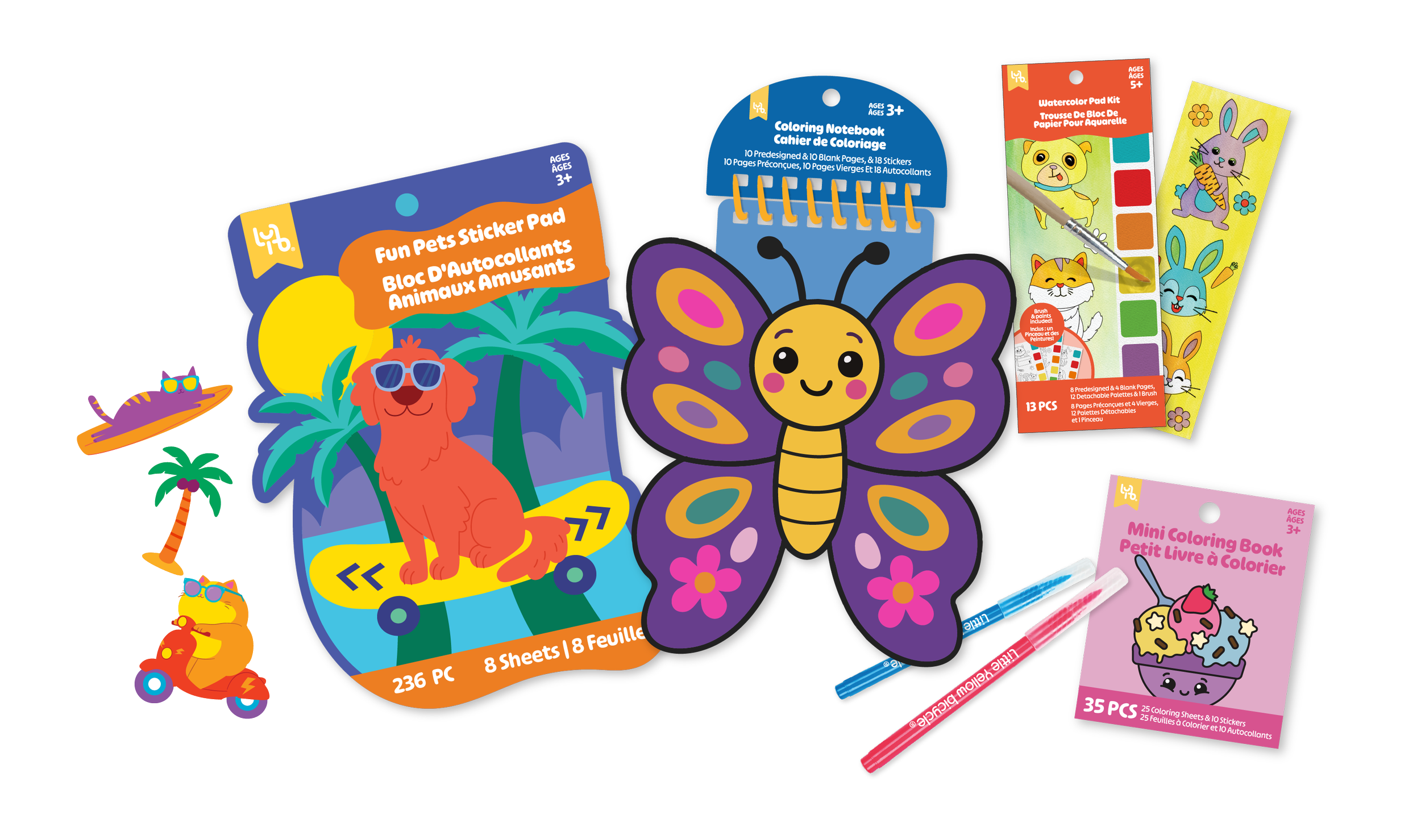 Collection of colorful children's art supplies, including a sticker pad with animal theme, a butterfly-shaped coloring notebook, mini coloring book, watercolor pad kit, several colored markers, and sticker sheets.