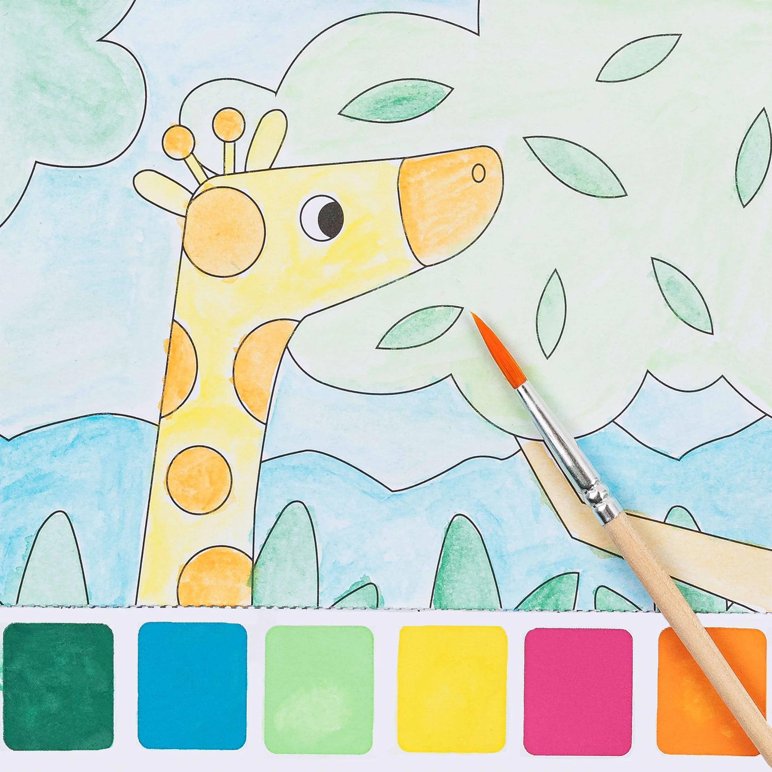 A child's drawing of a giraffe in a jungle scene, with green leaves, blue sky, and mountains, using watercolor paints and colored pencils.