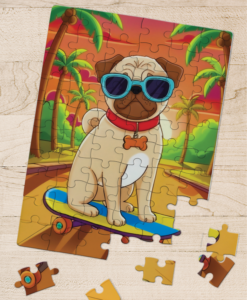 A completed jigsaw puzzle of a cartoon dog wearing sunglasses and a red collar, sitting on a skateboard at sunset with palm trees in the background.