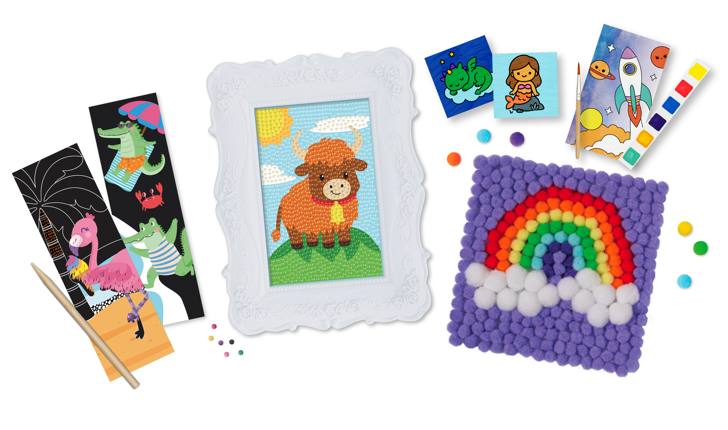 A collection of arts and crafts supplies, including a completed rainbow pom-pom artwork, a framed beaded animal picture, a plush dragon and girl image, stickers with various animals, a paint set, and drawing tools.