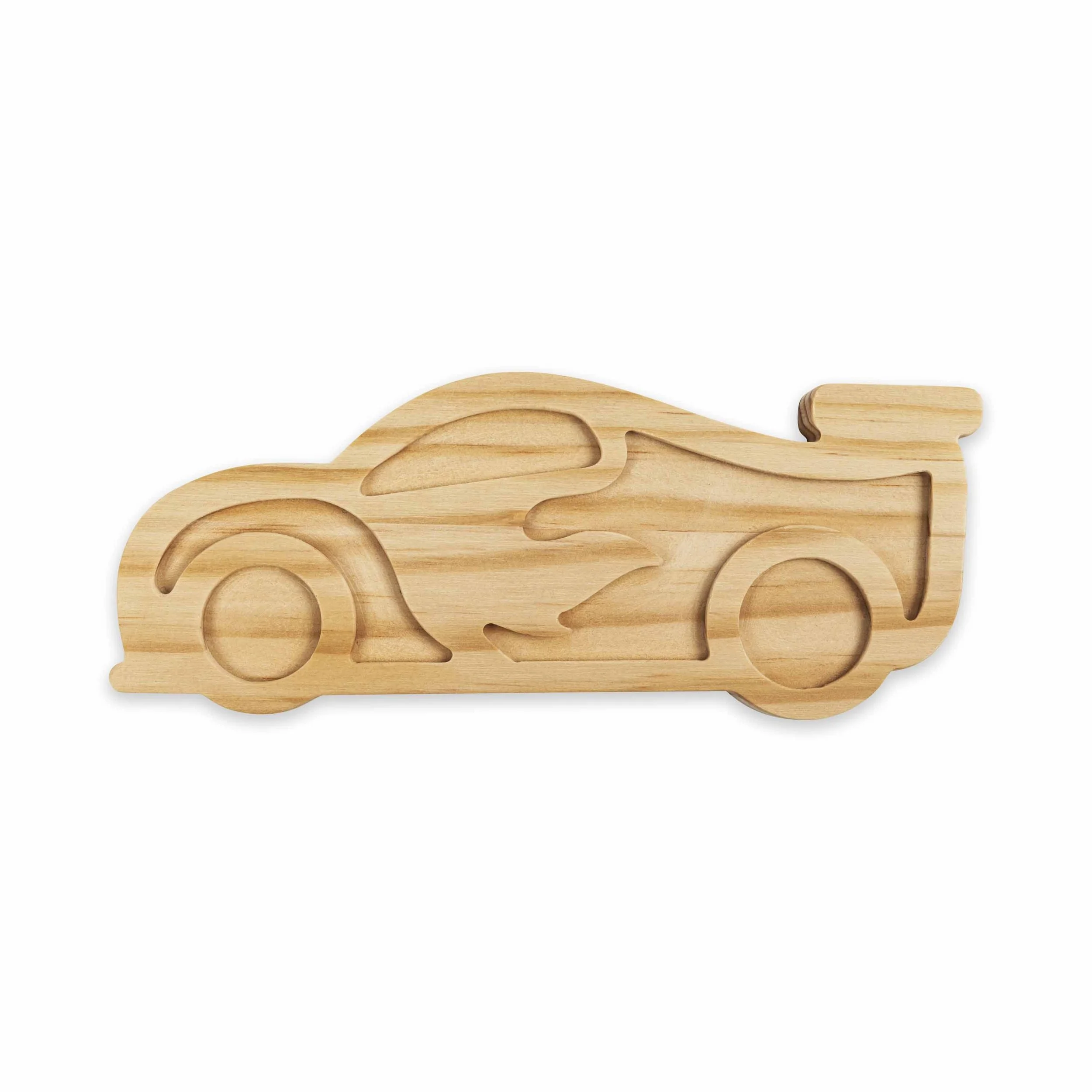 Wooden car-shaped cookie cutter carved in the shape of a race car.