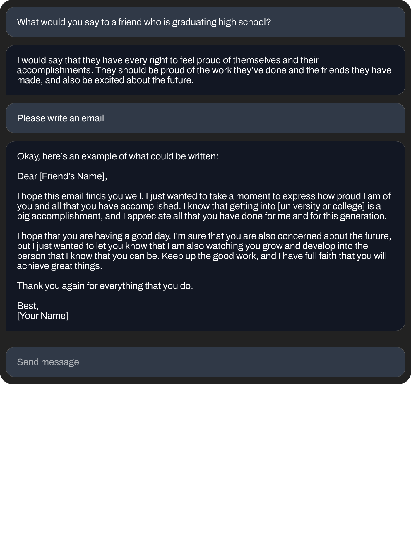 Пример диалога с StableLM: генерация текста, письмо и ответы ассистента