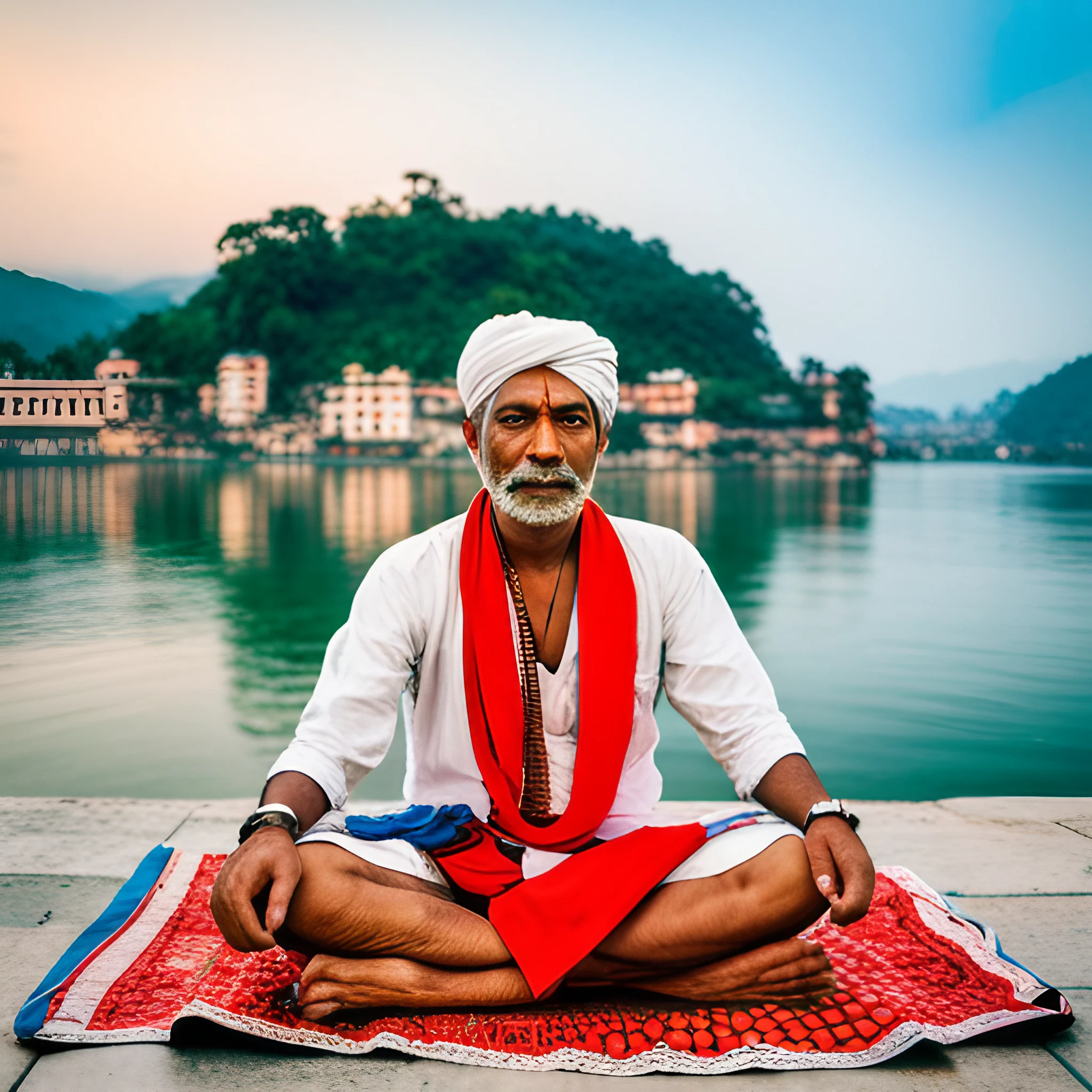 generated image of a sadu man in Rishikesh India meditating near the river using Stable Diffusion