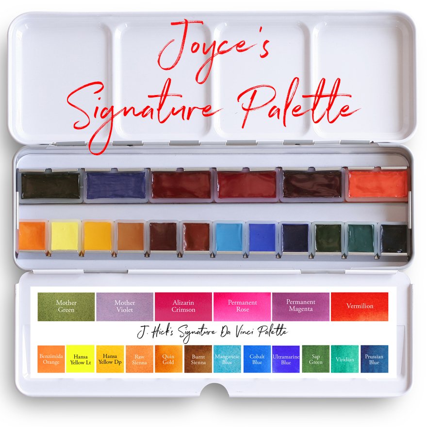 Artist Joyce Hicks watercolor palette with Da Vinci Paint