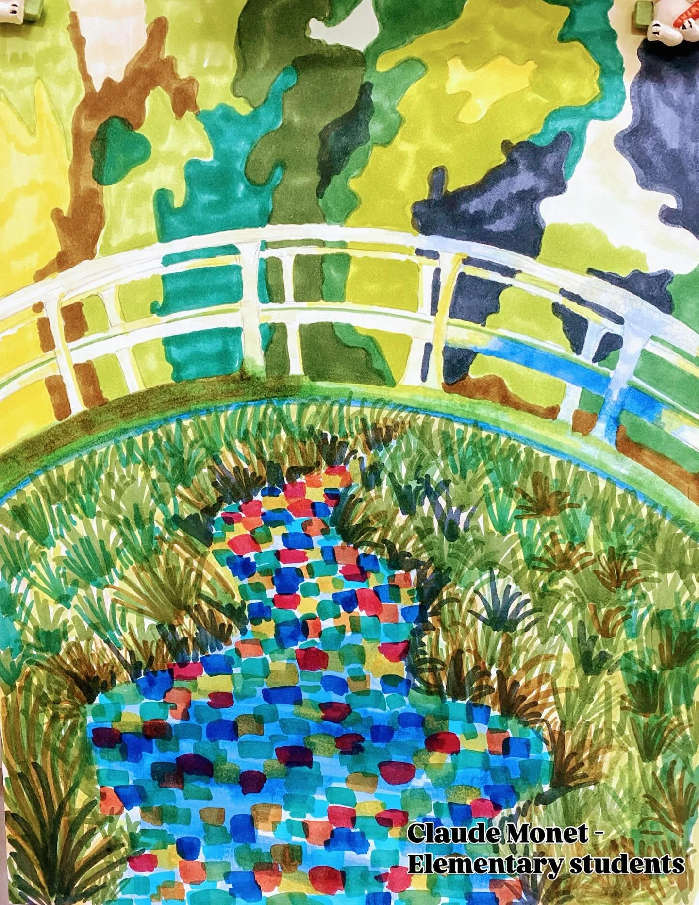 Art class Monet The water Lily pond interpretation using markers with my elementary students #arttherapist #kidsart #artschool #elementary #artteacher