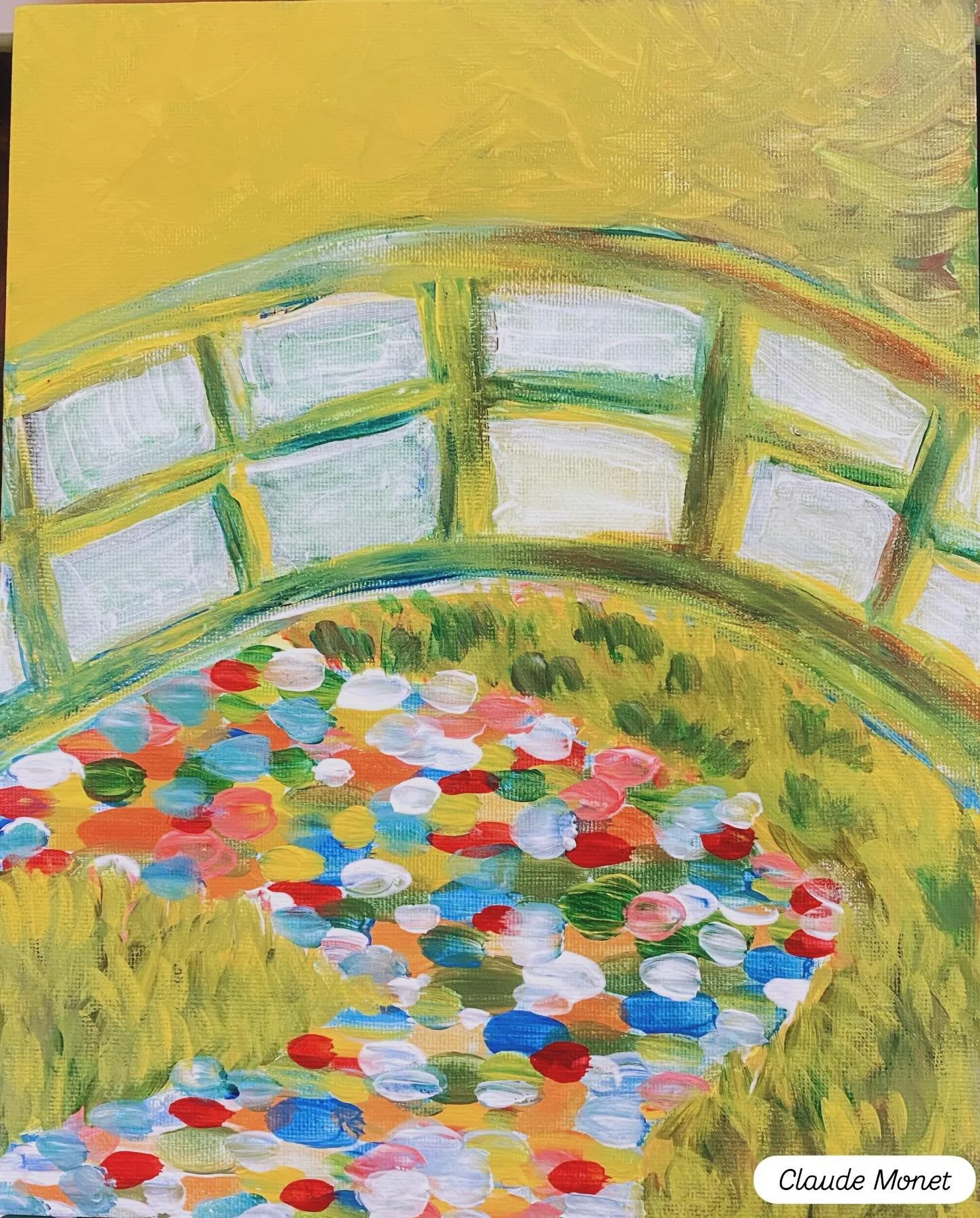 Elementary students working with paint and recreating Monet painting #1stgradeteacher #artteacherlife #art #kidsart #artschool