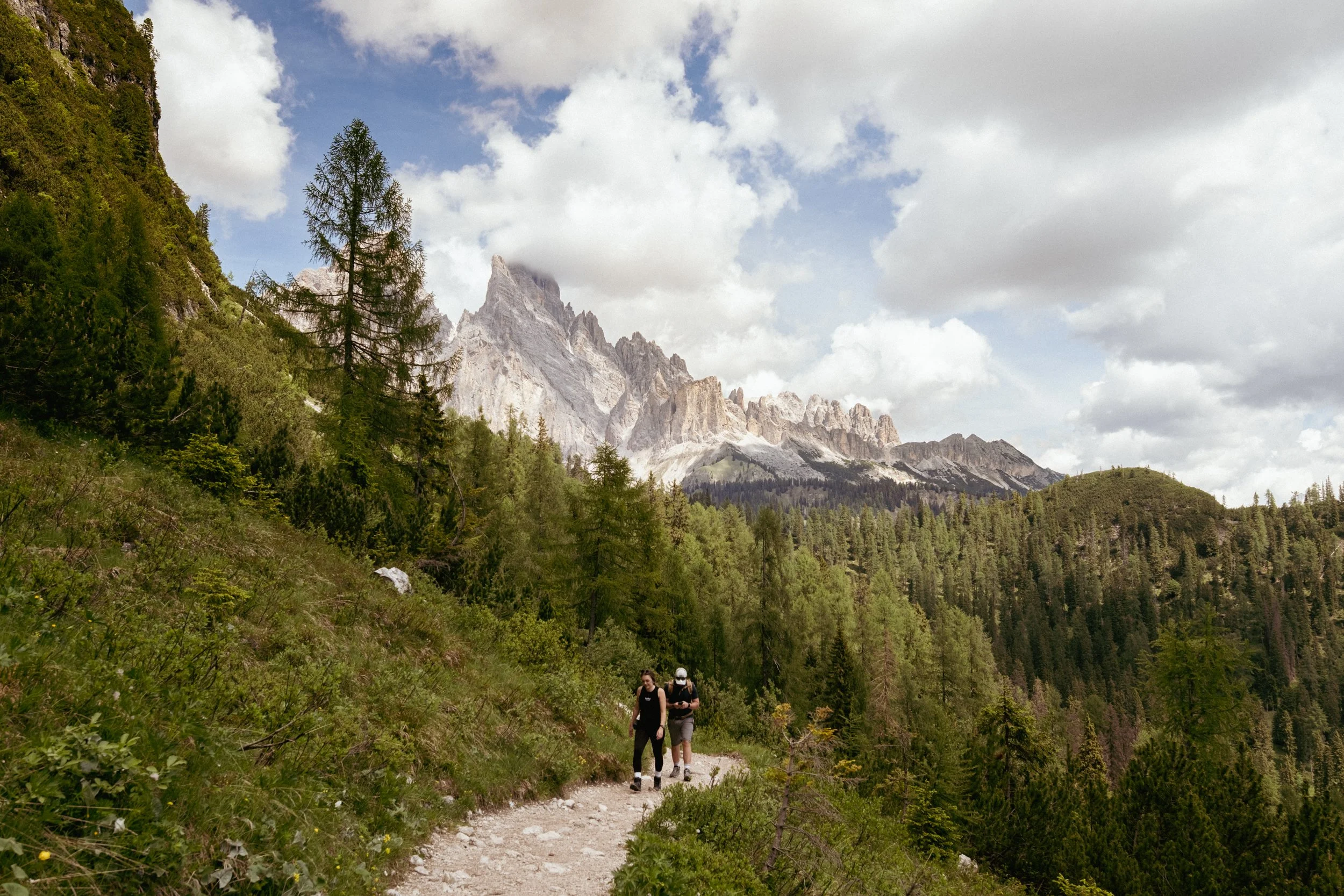 Deux randonneurs marchent sur un sentier dans une forêt alpine avec des montagnes en arrière-plan, ciel partiellement nuageux.
