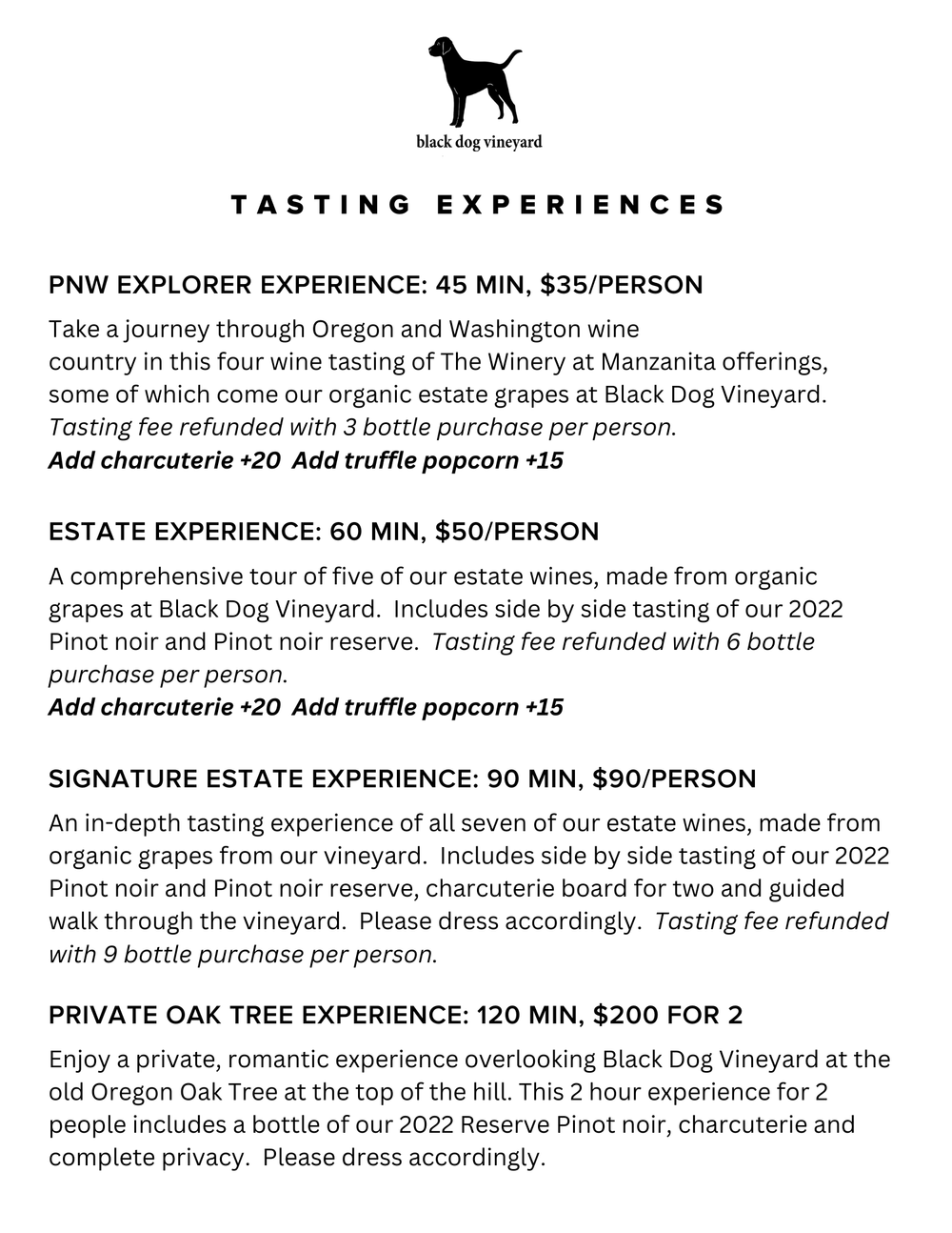 Winery in Carlton, OR Wine Menu Black Dog Vineyard