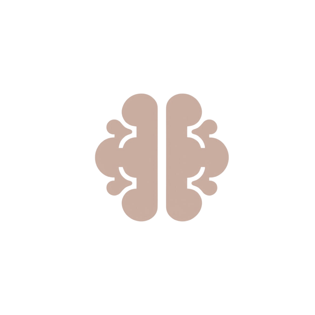 A minimalist graphic of a brain with light beige color on a black background.