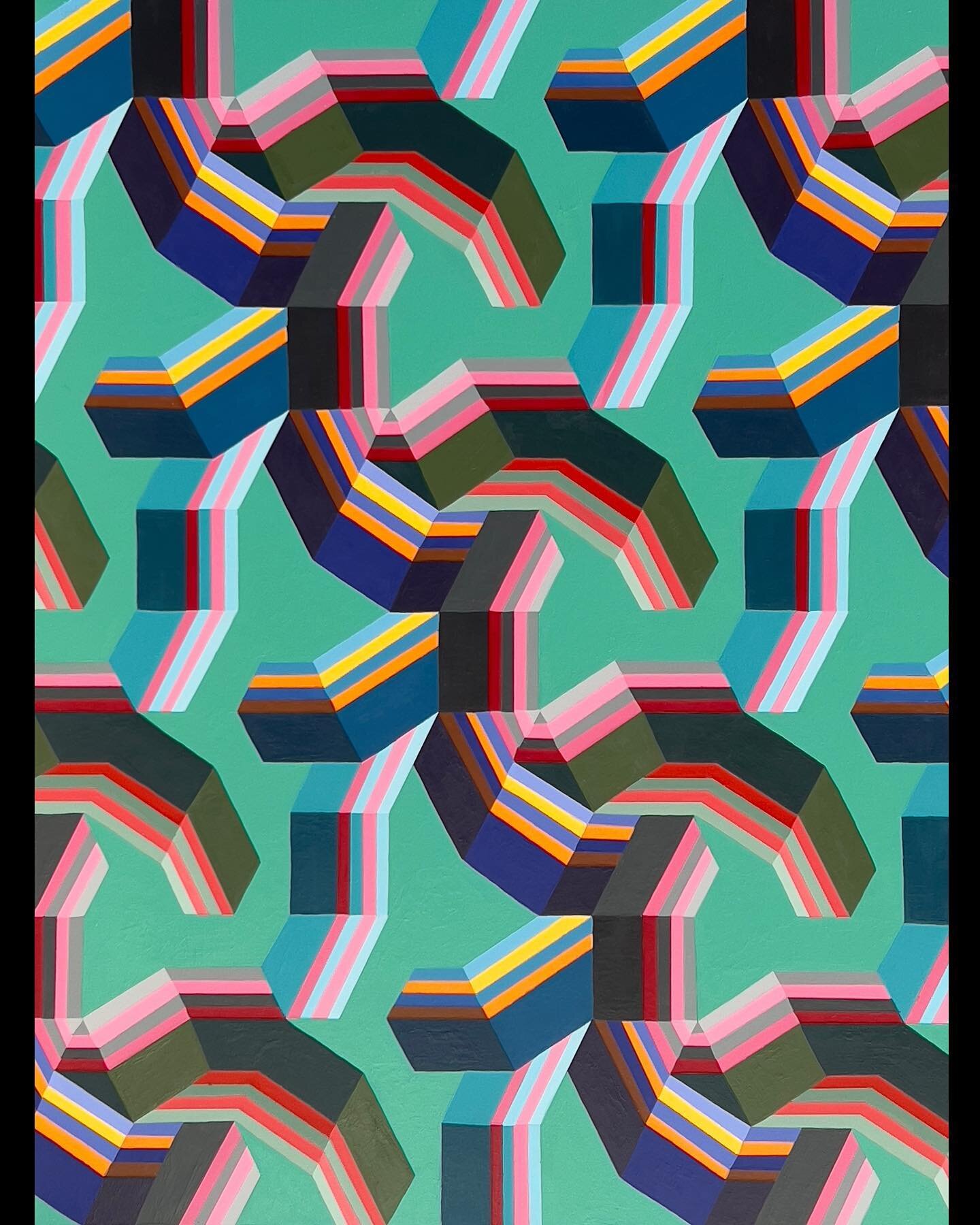 Finished this piece up this weekend!
Played around with an isometric grid to develop the pattern design (swipe over), and went a bit crazy with the color scheme this time 🙂
18&rdquo; x 24&rdquo; Acrylic on Board

#art #artwork #painting #acrylicpain