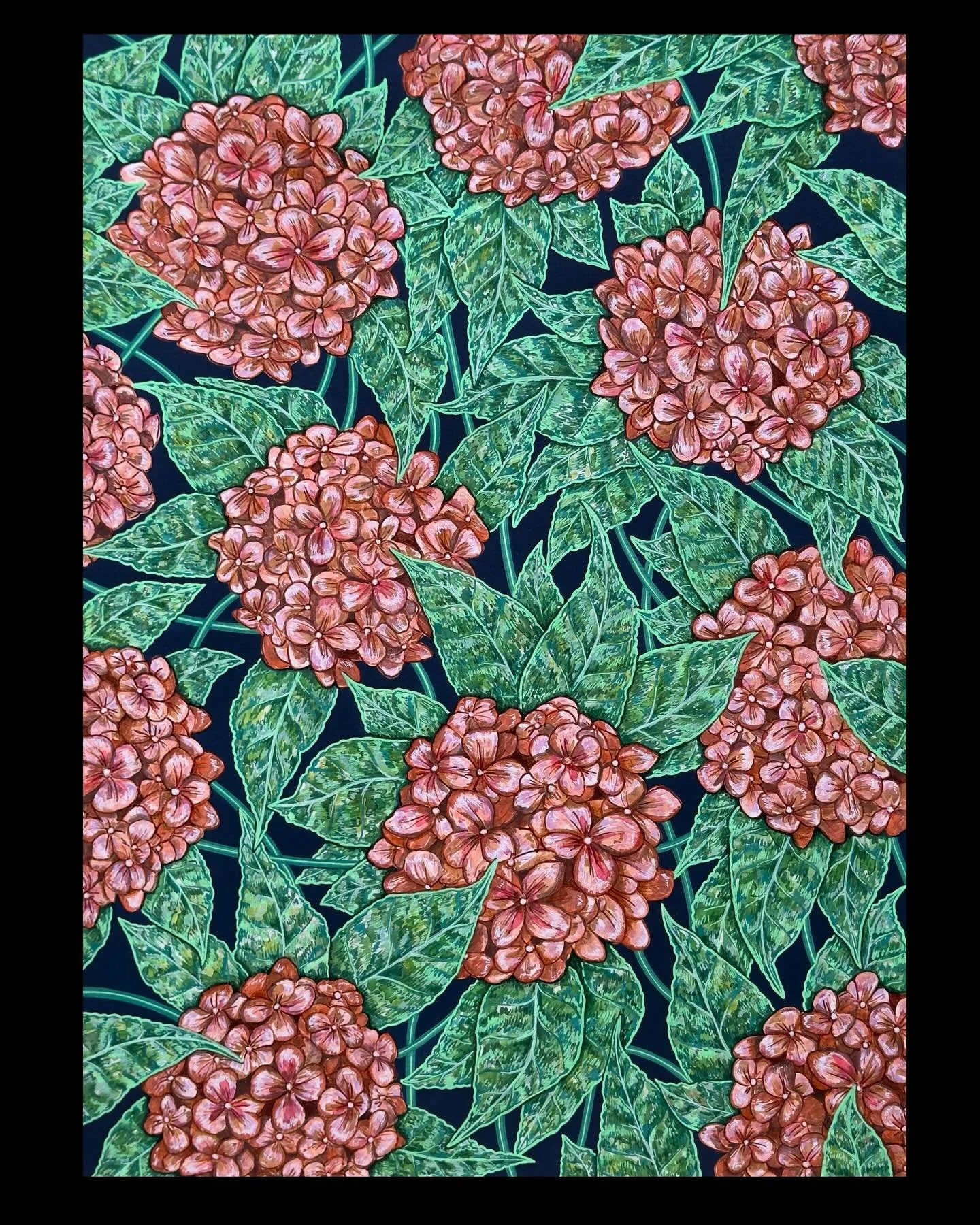 Finished up this commission today!
Wanted a colorful, pattern-rich interpretation of hydrangeas, and used acrylic, watercolor, paint pens, and ink markers on paper. 18&rdquo;x24&rdquo;
Heading east to some dear friends from my NYC days.

Also, reach 