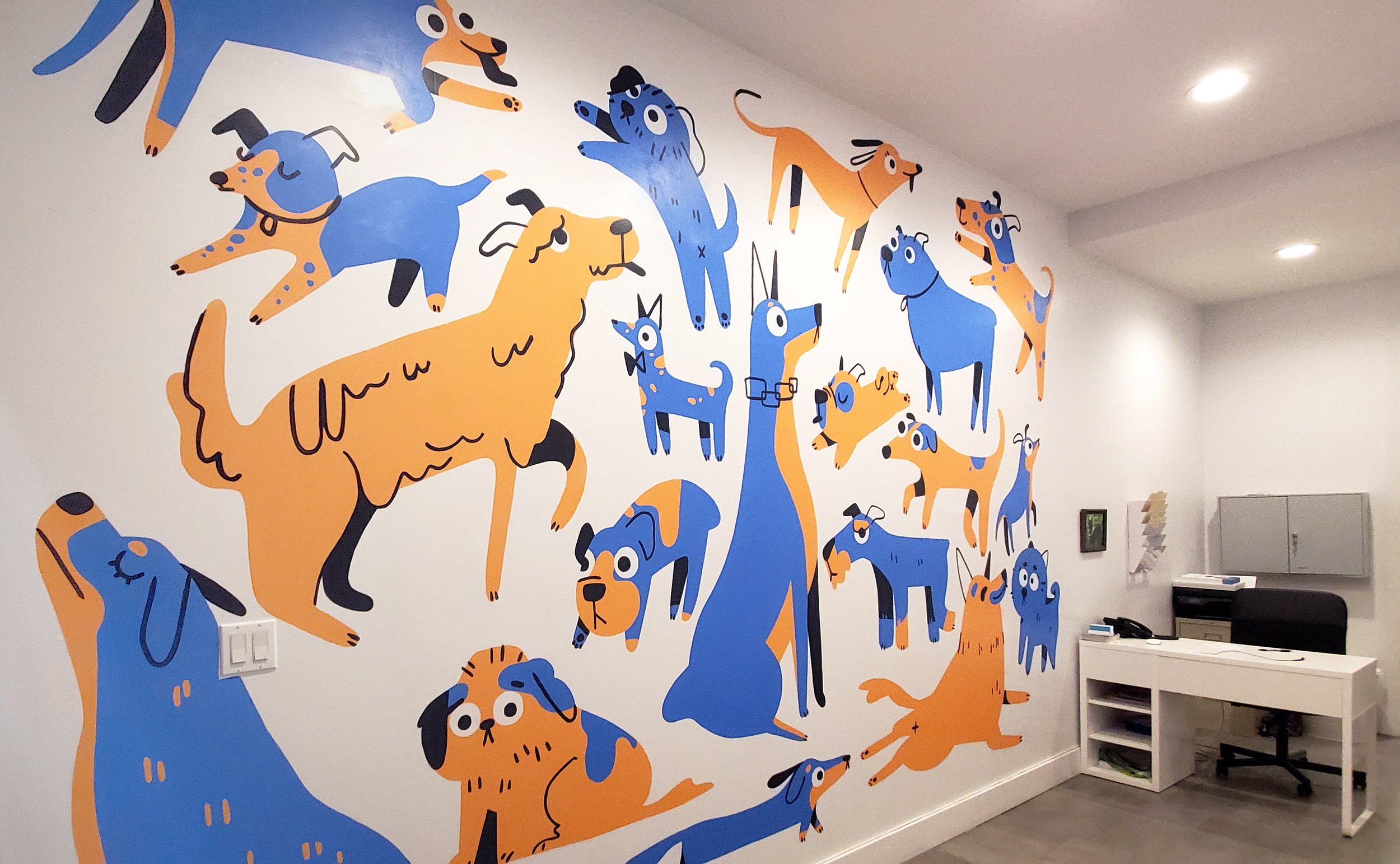 Illustration of dogs in orange and blue. Mock up for mural for dog walking and boarding business.