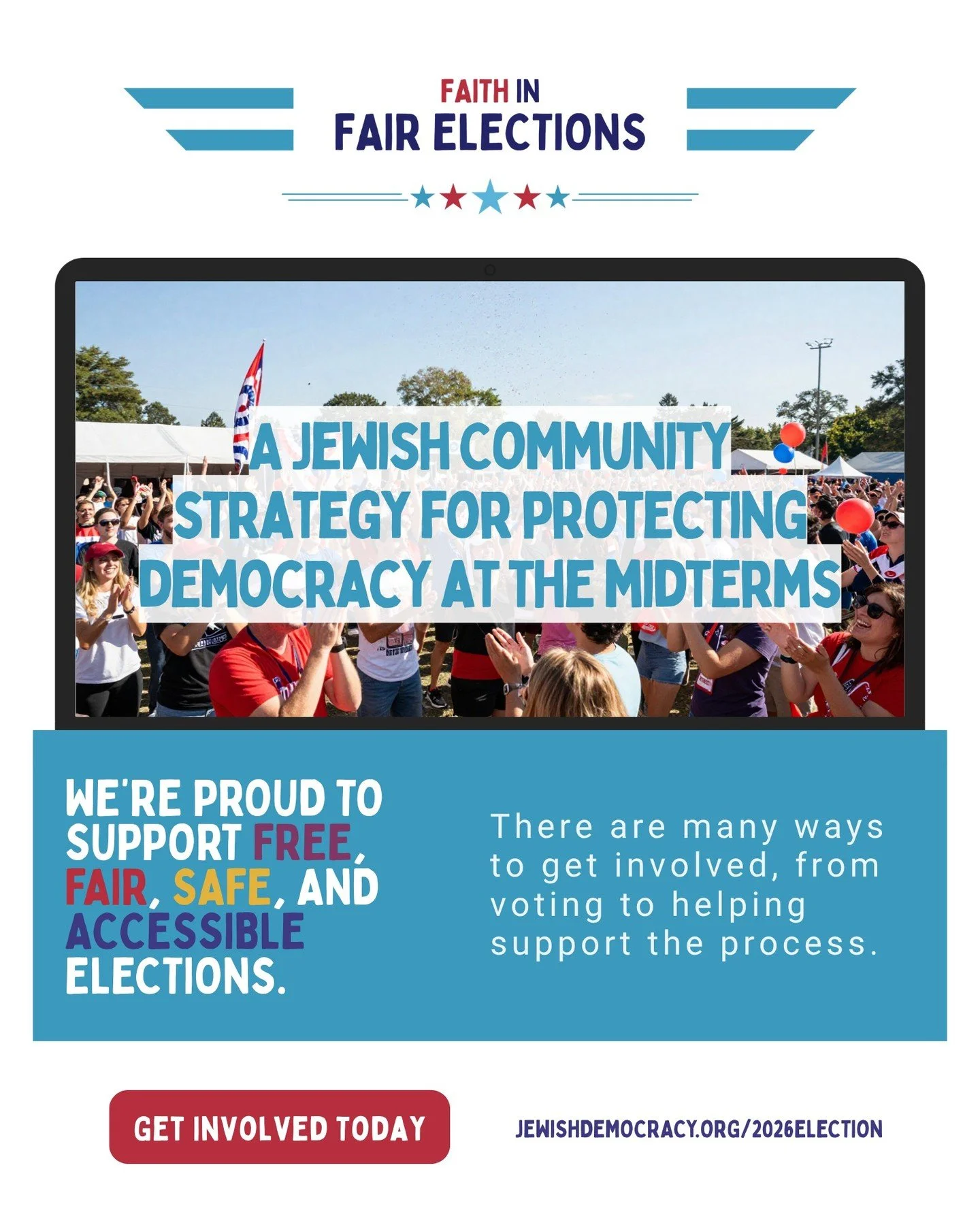 We&rsquo;re proud to join communities across the country in supporting free, fair, safe, and accessible elections. 

There are many ways to get involved&mdash;from voting to helping support the process. 

Find your role: JewishDemocracy.org/2026elect