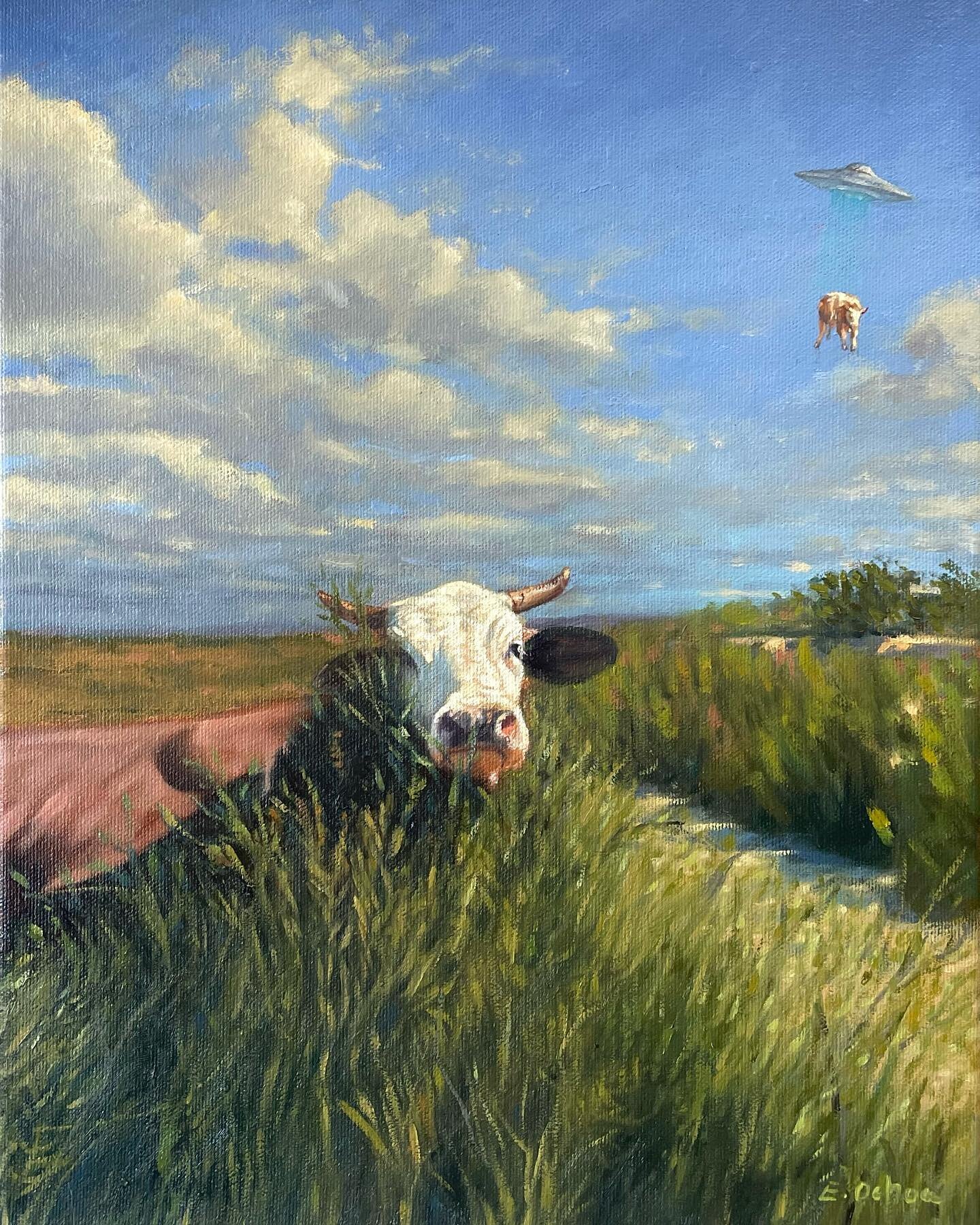 Erick Ochoa just finished this small oil on canvas 11&rdquo; X 14&rdquo; as part of his Adios Amigo series,&rdquo;. This cow hiding in the bushes is a little smarter than the others!
.
.
.
.
#oilpainting #cowpainting #ufo#mexico #todossantosmexico #a