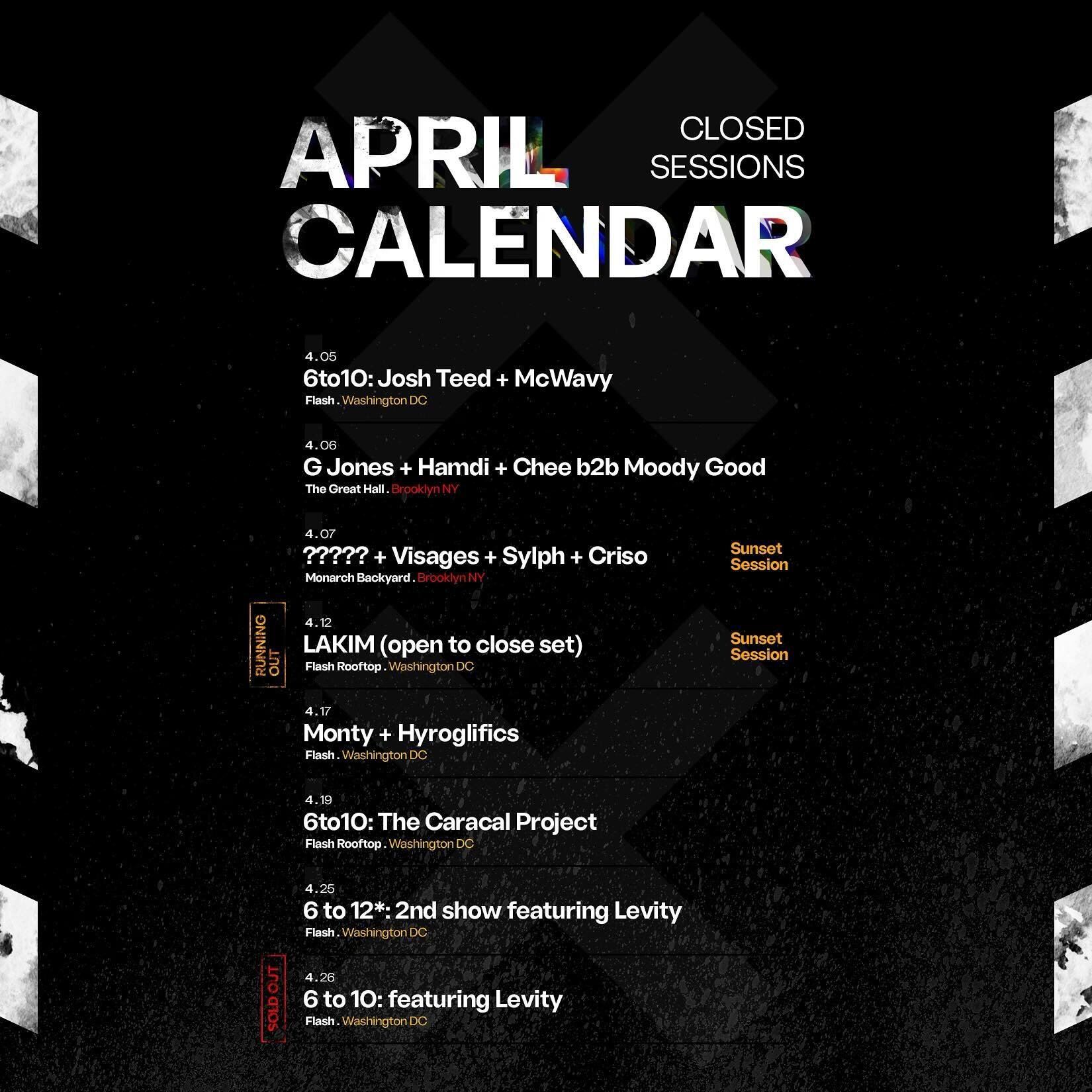 APRIL 🔜

We&rsquo;ve got some heat coming up this month in NYC &amp; DC! Grab your tickets while you still can 🔊 We&rsquo;ll see you soon

Tickets are available at closedsessions.live