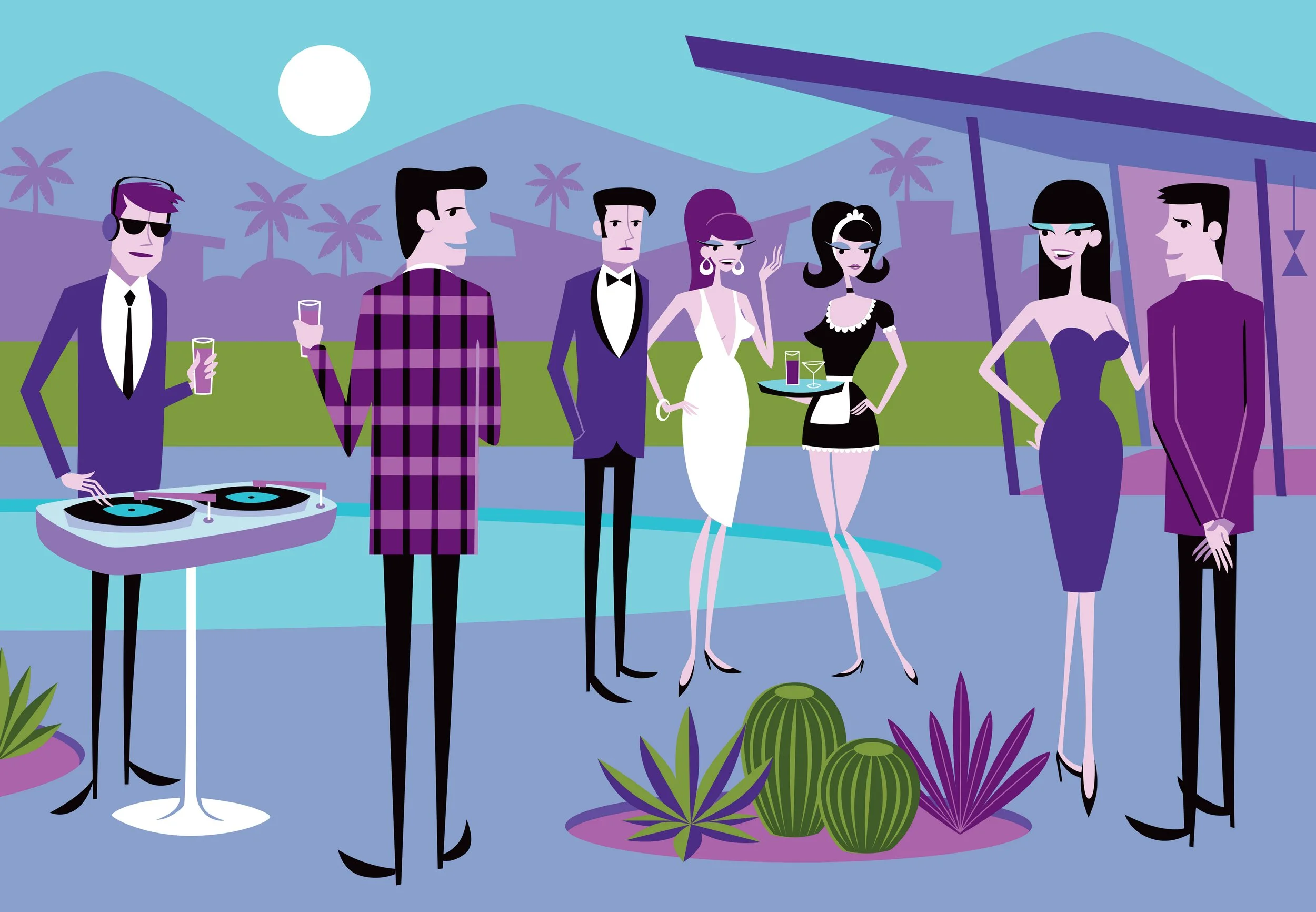 Stylish people partying outdoors at night near a pool with mountains and palm trees in the background, including a DJ playing music.
