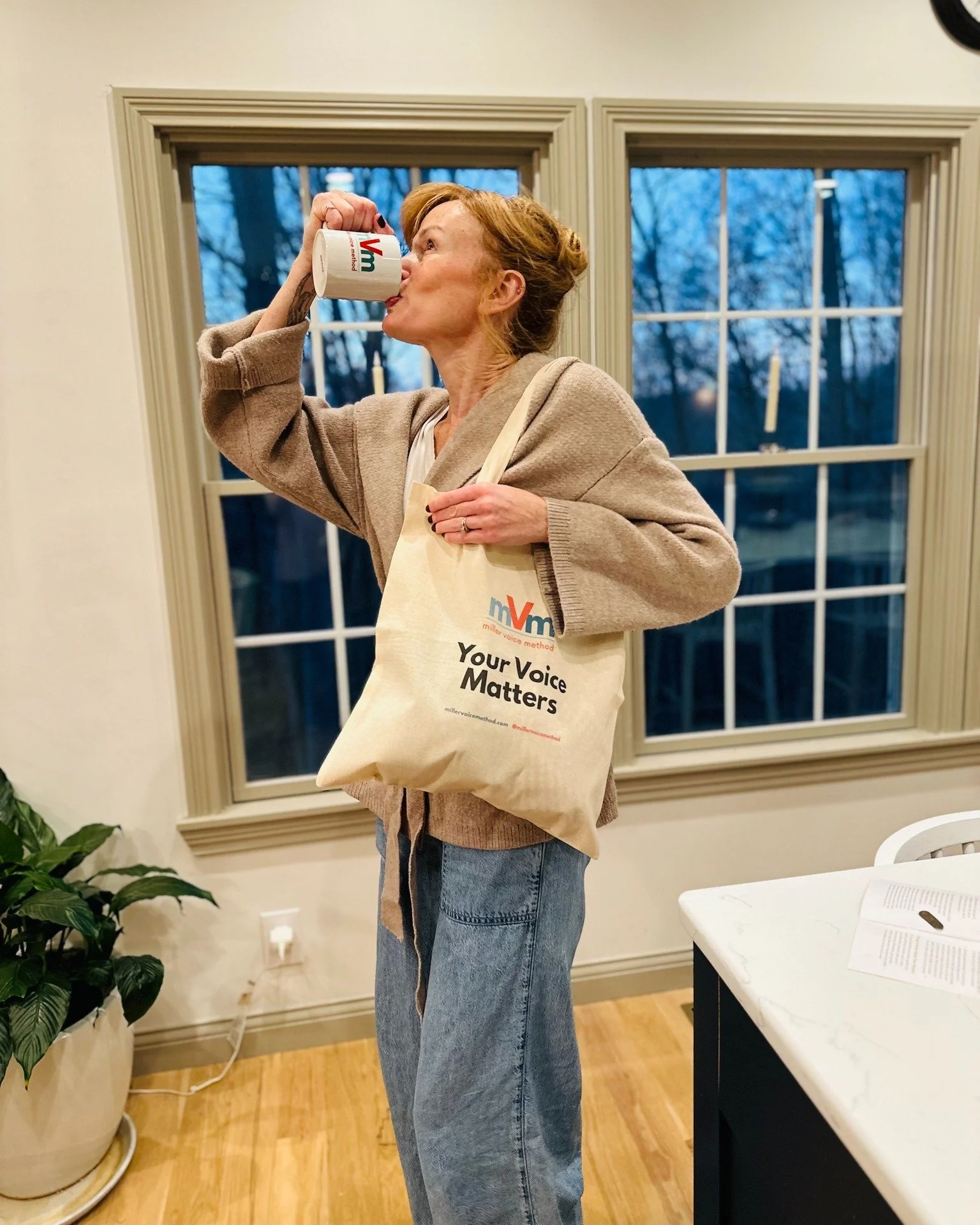 Certified mVm Teacher &amp; Faculty member Gretchen Hall was so excited to get her mVm tote and mug that she sent us these adorable photos. 😍

Get your official mVm mug, tote, water bottle, or bandana on our website. 

Get 15% off through Saturday w