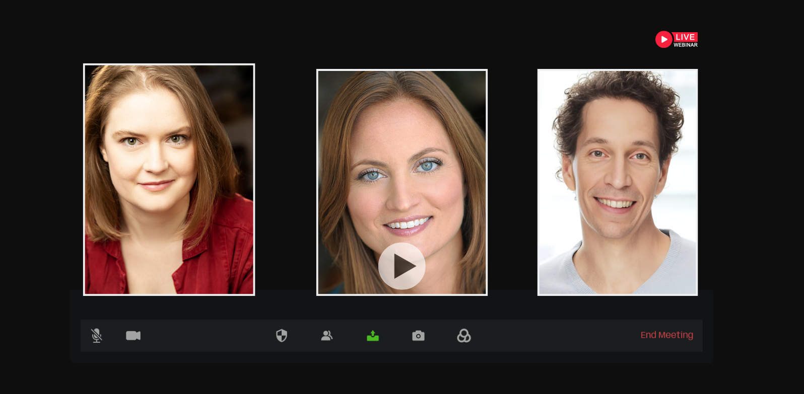 Video conference interface showing three participant thumbnails and controls at the bottom; one thumbnail is highlighted as live.
