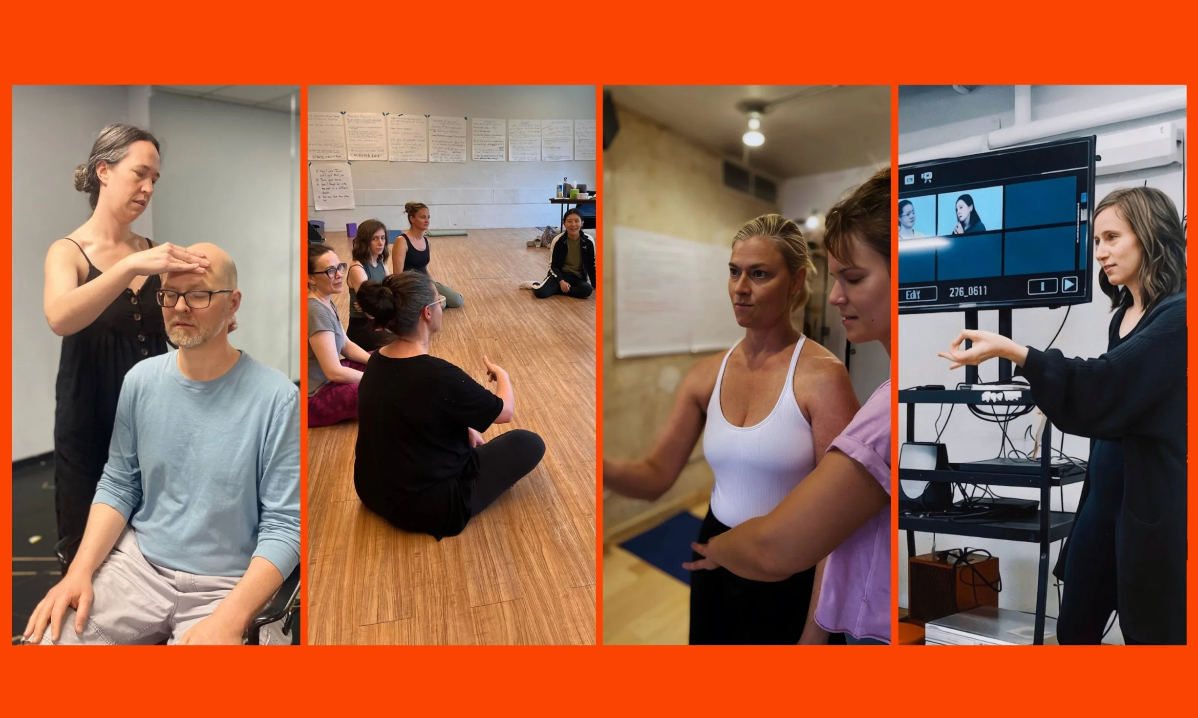Collage of four panels showing people in various workshop or class settings. First, a woman places hands on a seated man's forehead. Second, a group of people sitting on a wooden floor listening intently. Third, two women practicing movement or balance exercises. Fourth, a woman gestures while teaching in front of a screen displaying video footage.