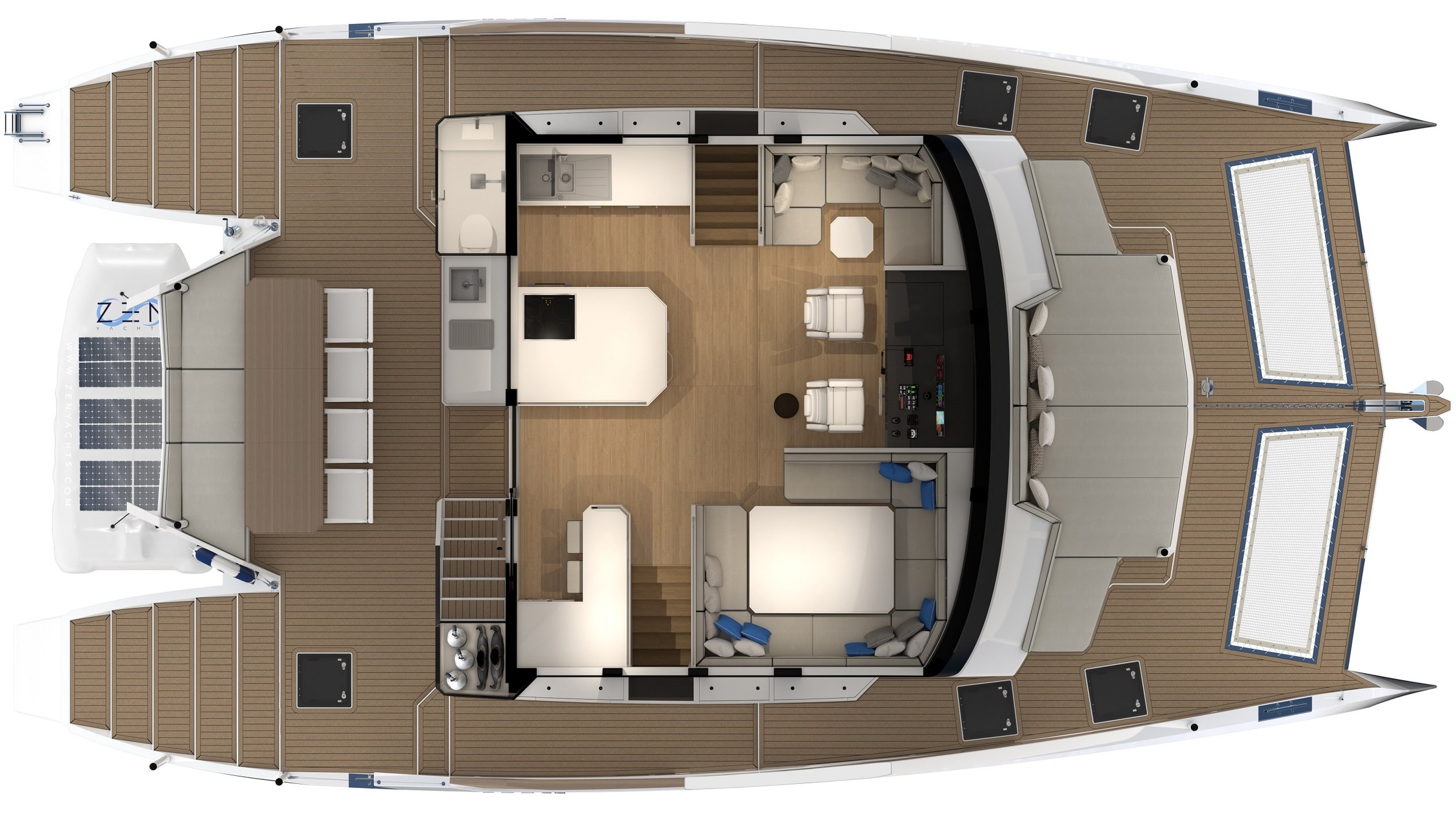 ZEN50 Solar Wingsail Electric Catamaran - Main Deck Layout - Asymmetric D (subject to changes)