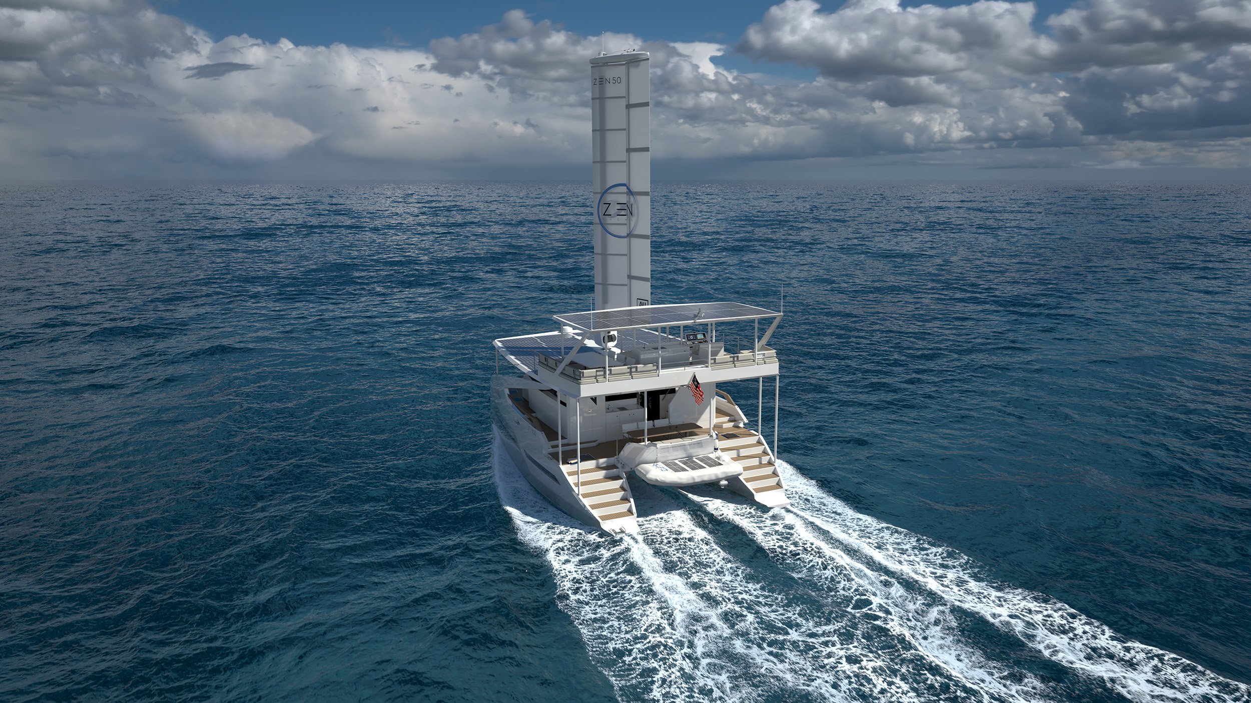 ZEN50 wingsail and solar powered performance zero emission electric catamaran yacht by ZEN Yachts