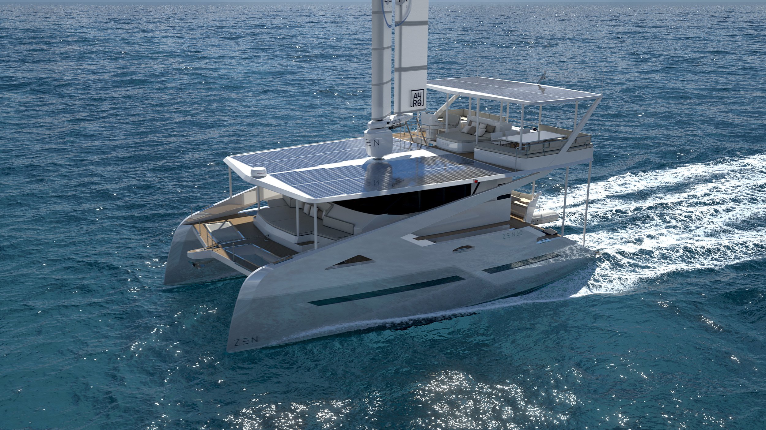 ZEN50 wingsail and solar powered performance zero emission electric catamaran yacht by ZEN Yachts