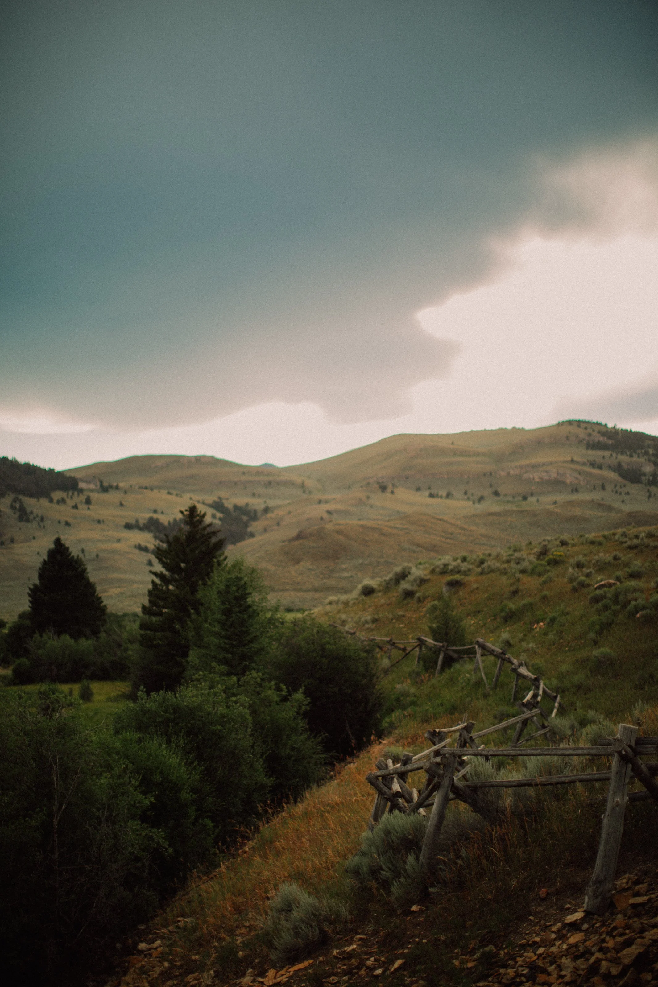 Rustic buck and rail fence leading through rolling hills and sagebrush landscape in Wyomings chief Joseph highway