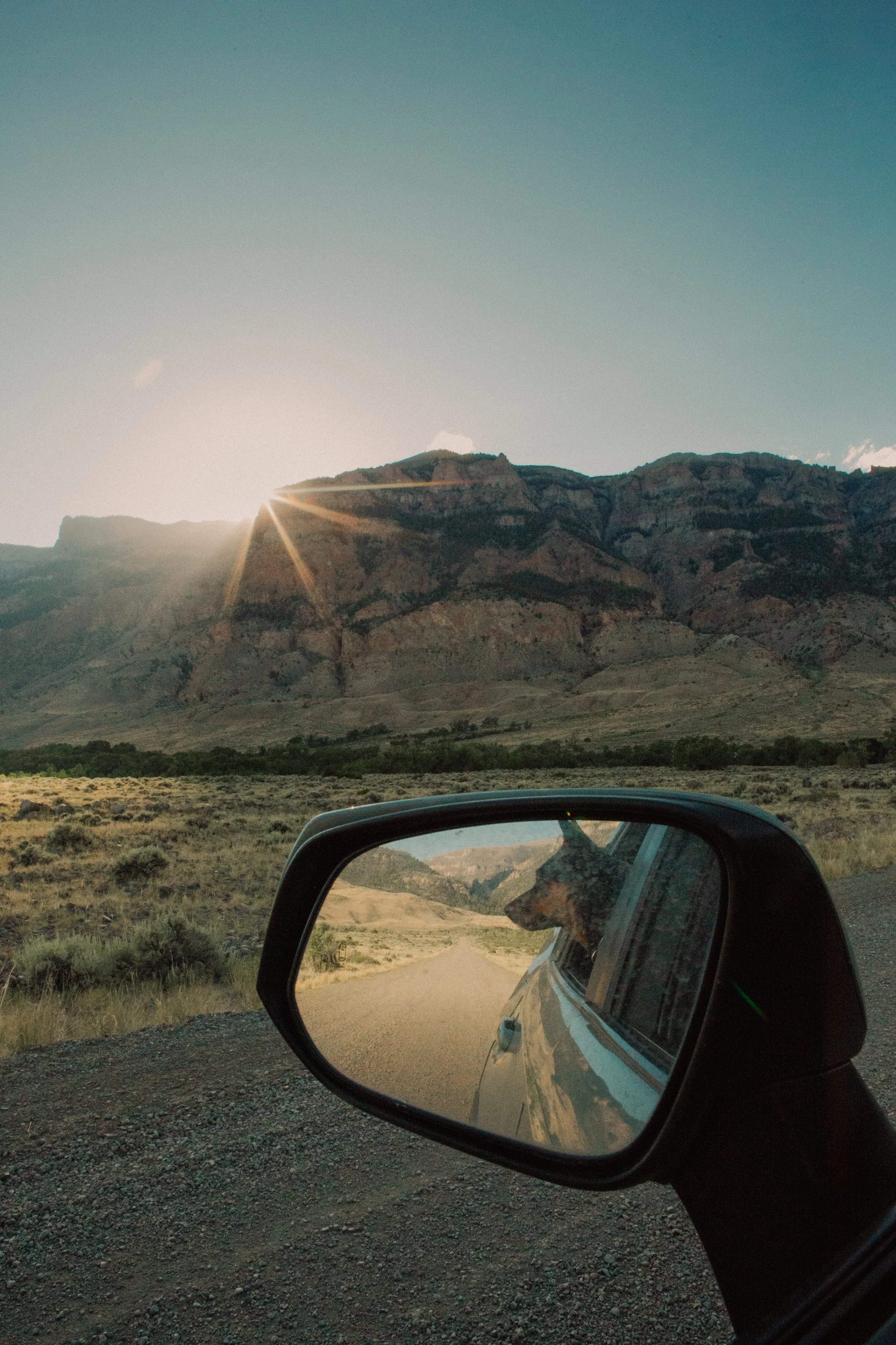 Cattle dog looking out car window reflected in side mirror with Wyoming mountains and open road beyond
