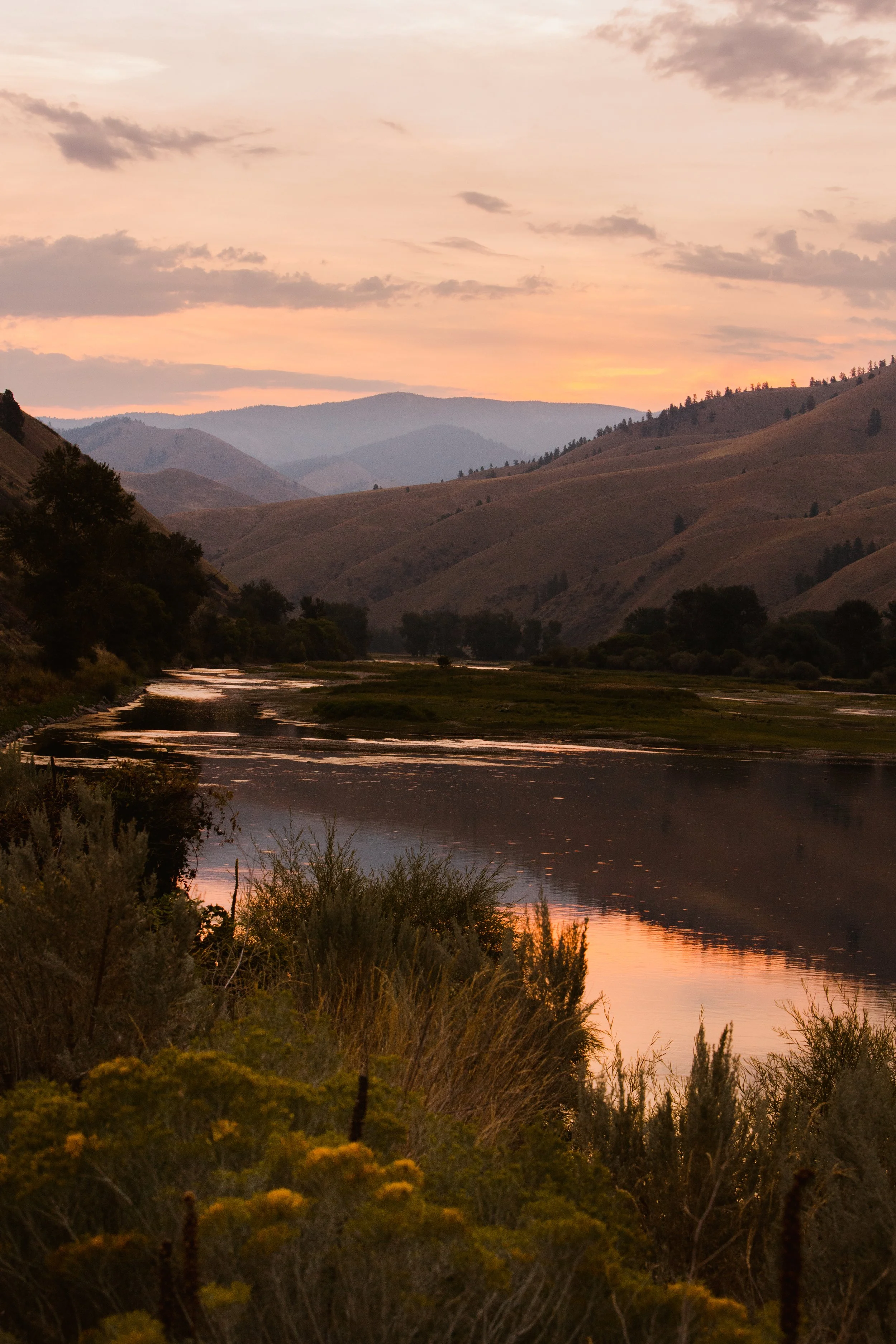Golden sunrise reflecting on a mountain river in the American west.