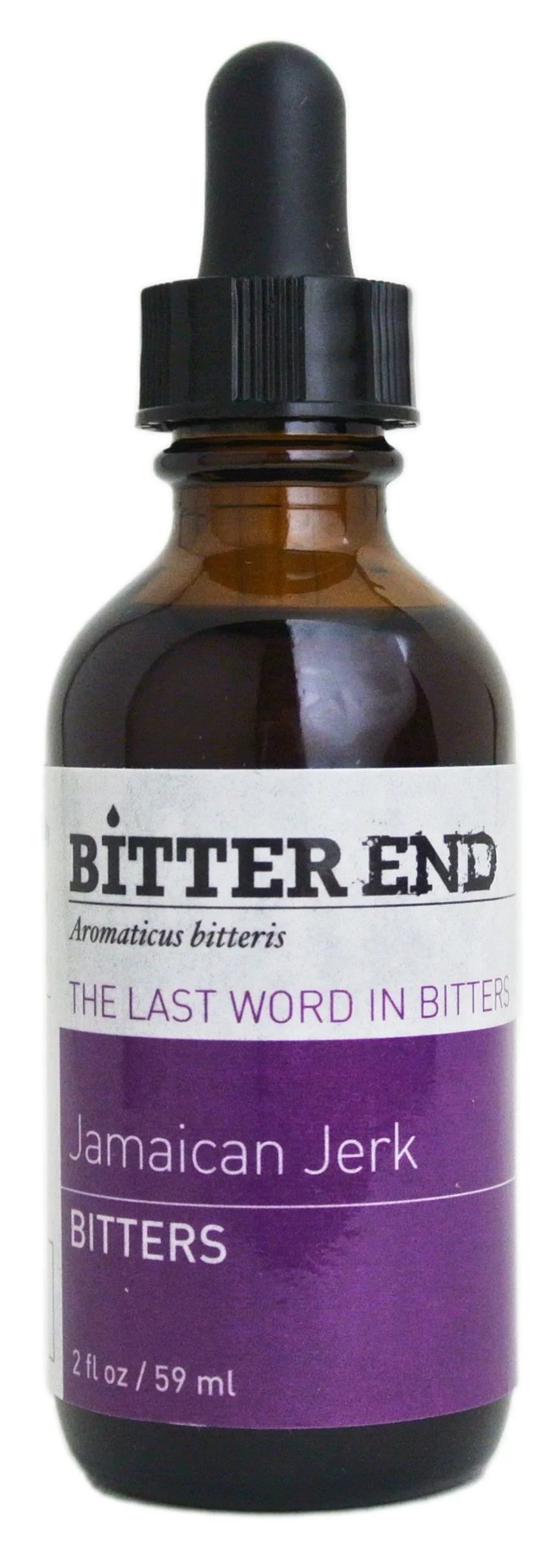 Bitter End Jamaican Jerk bitters in 2 oz dropper bottle, brown glass with purple label.