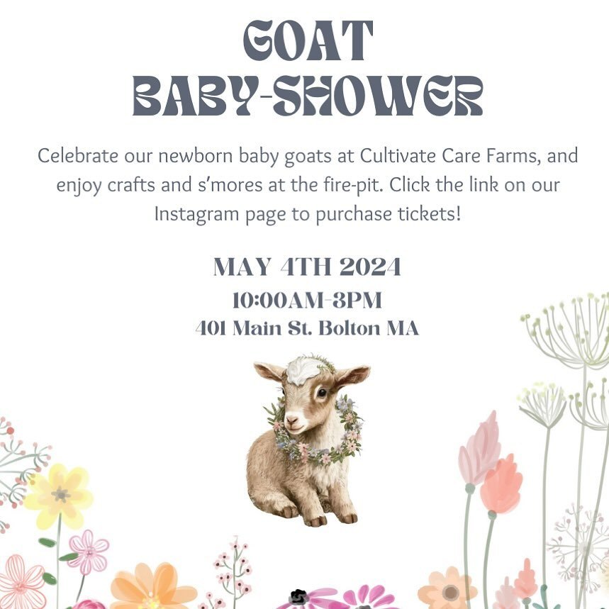 Celebrate our newborn baby goats at Cultivate Care Farms and enjoy crafts &amp; s&rsquo;mores at the fire-pit. Click the bio link and select Meet Baby Goats to purchase tickets. #CultivateCareFarms #BoltonMA #FarmBasedTherapy #GoatTherapy #BabyGoats