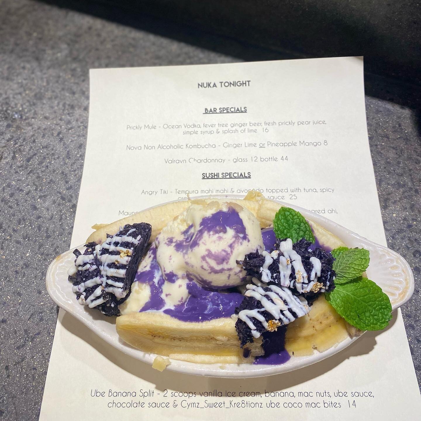 Sushi 🍣 Sunday @nukamaui ended with a sweet collaboration UBE BANANA SPLIT SPECIAL featuring our onolicious Ube Coco Mac Bitez &trade;️it was off the charts BOMB. 
.
.
.
.
When food brings talented humans together, and become sweet friends. Mahalo c