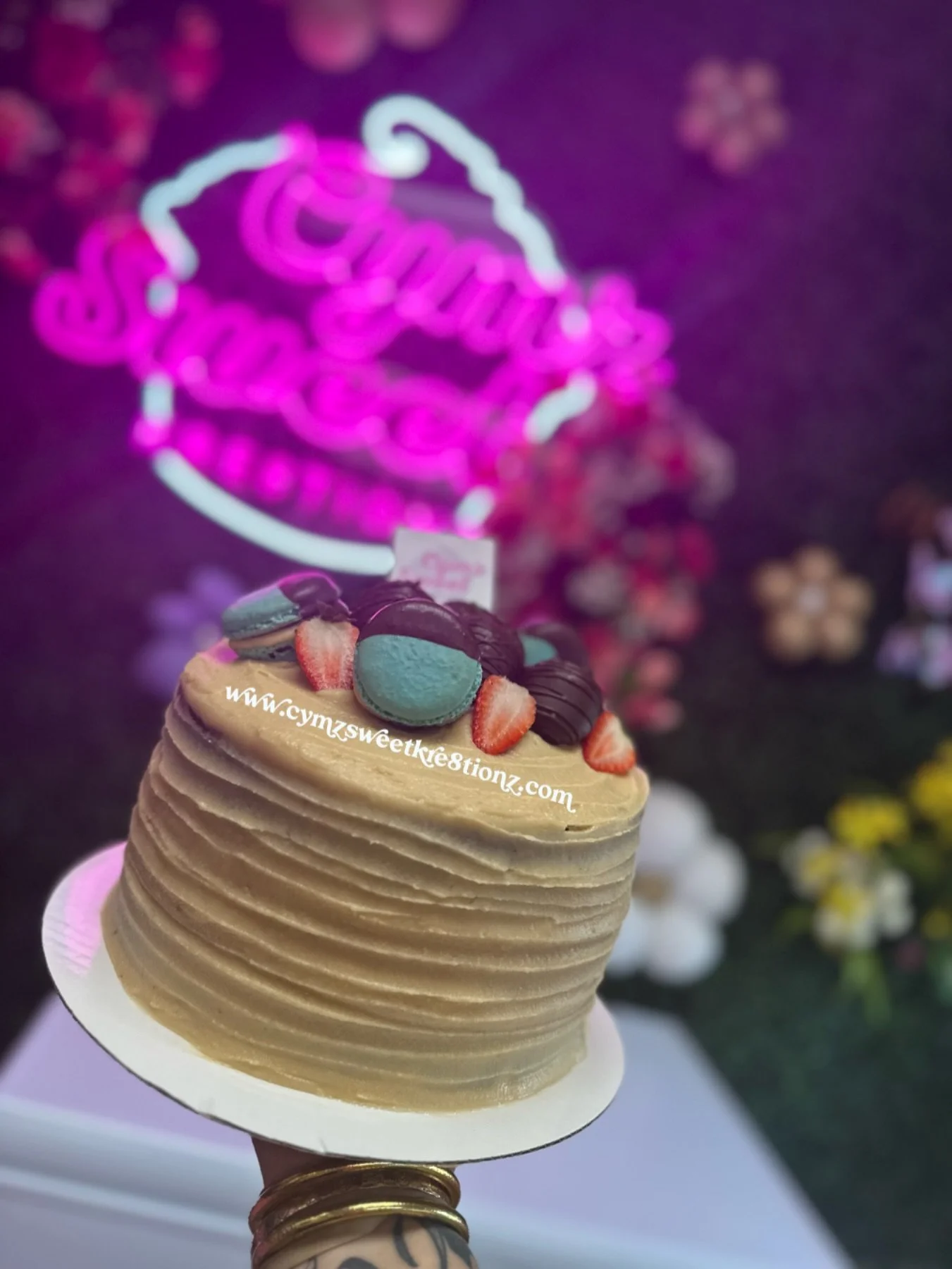 Fresh cake alert! Today's pick-up features an 8&rdquo; round chocolate Chantilly masterpiece with layered scratch-made chocolate pudding and edible decorations galore: macarons, chocolate-dipped strawberries, fresh strawberries, and chocolate-dipped 